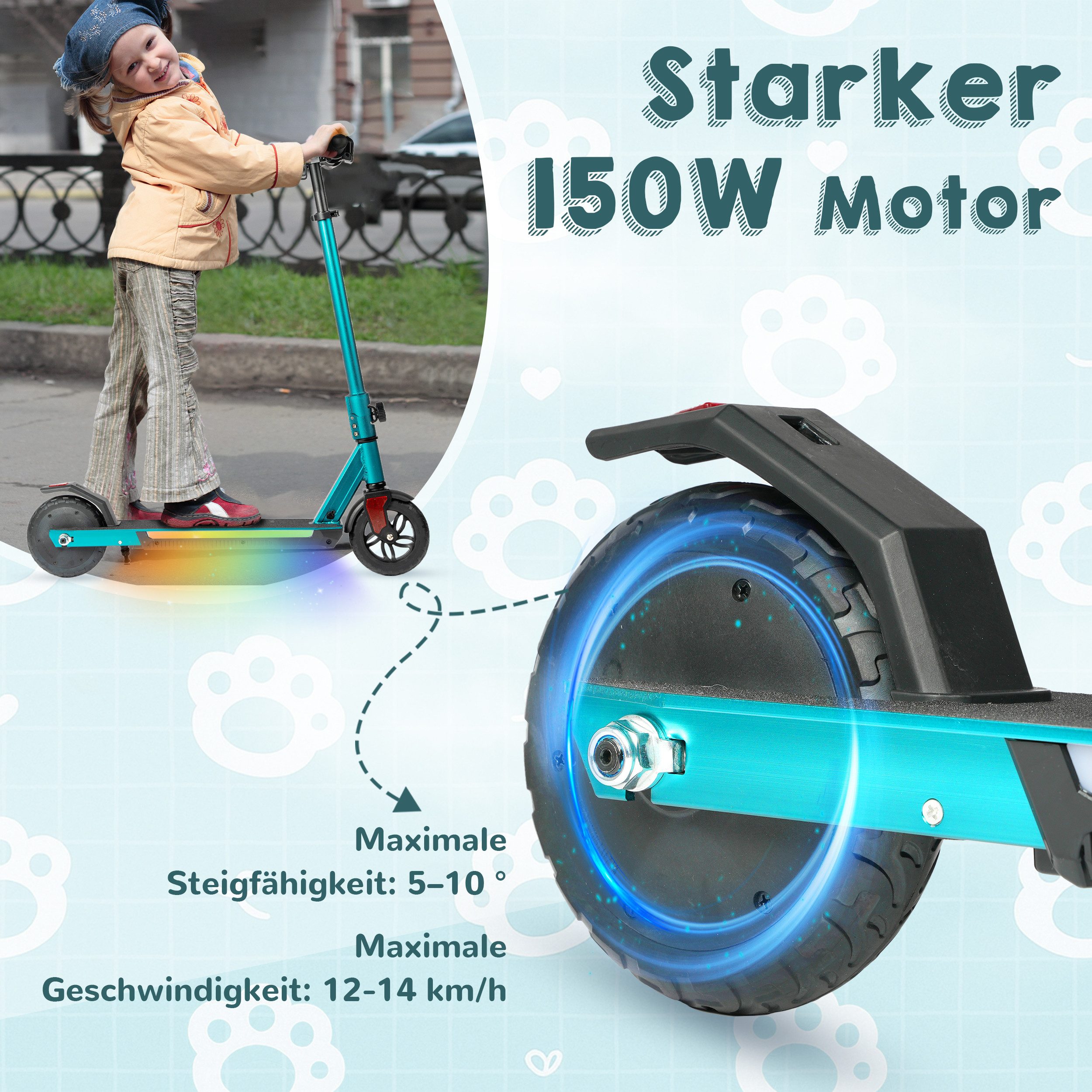 Vankel Elektro-Kinderroller ab 10 Jahren, klappbar, EBS+Fußbremse, farbiger Beleuchtung, mit Haken, 14km/h, E-Scooter für Kinder, 10-15km, höhenverstellbar