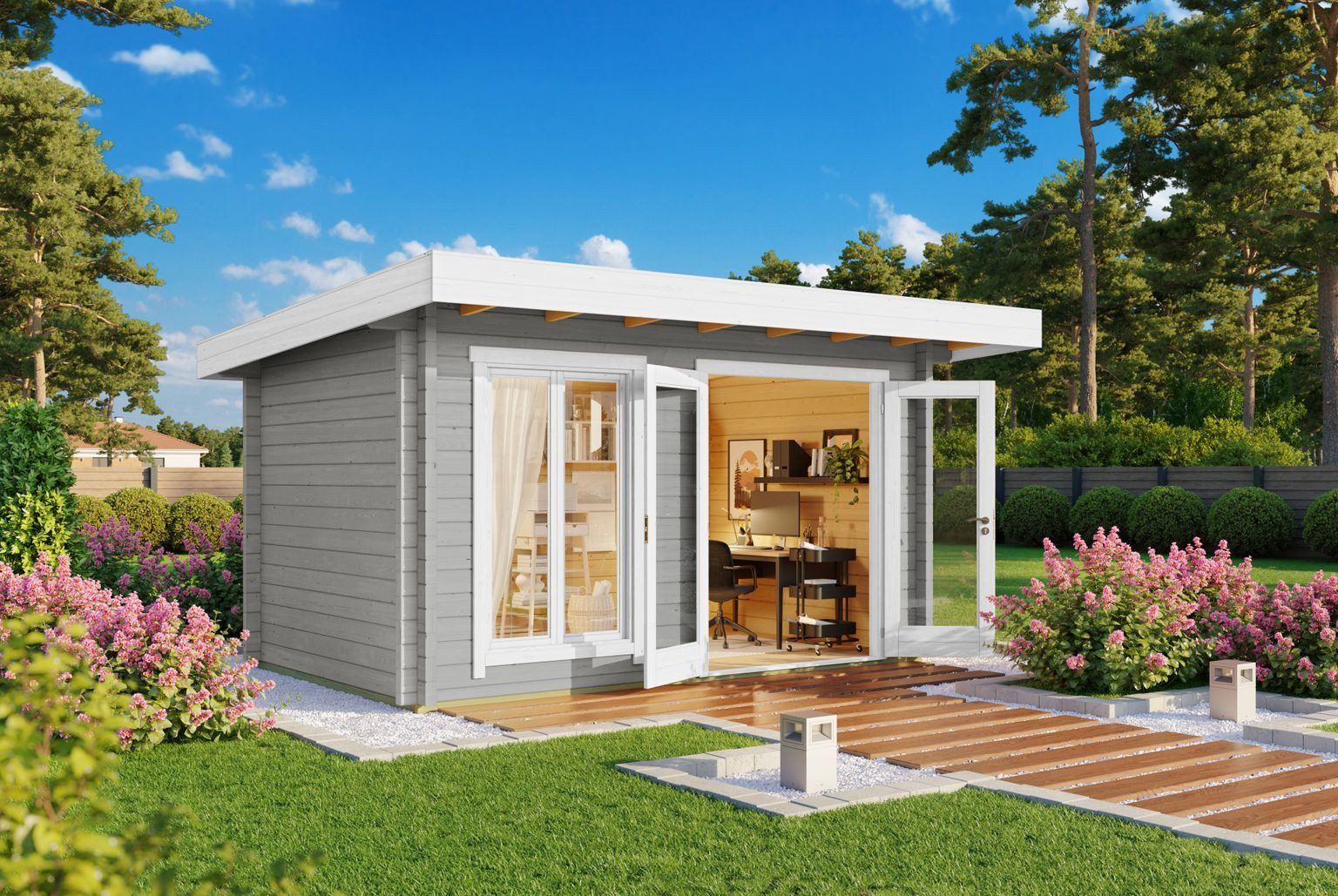 LASITA MAJA Gartenhaus Lasita Maja Ferienhaus Dorset Platinum, Modell 1, Platinum, 70 mm, 460 x 360 x 231 cm, lichtgrau