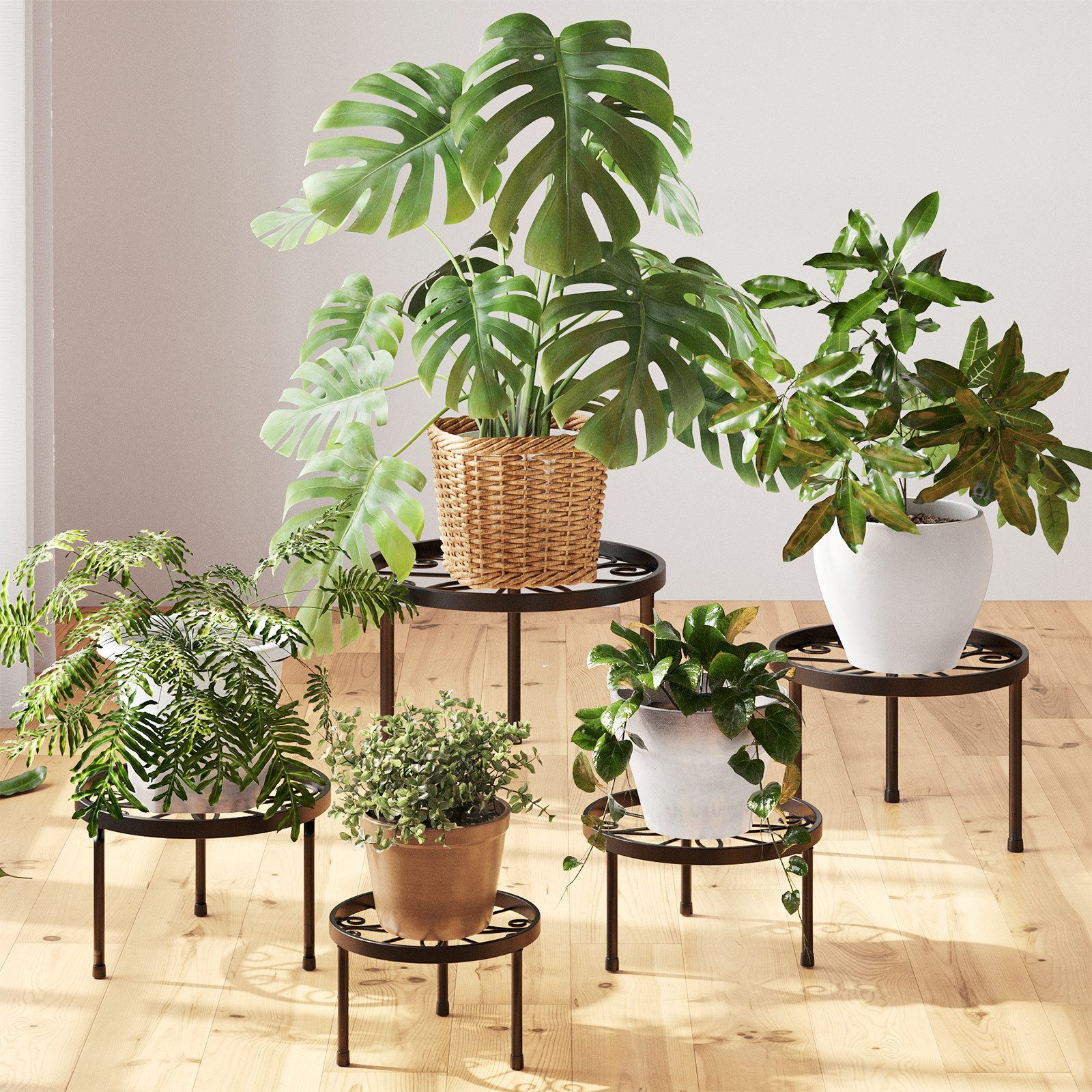 Bamworld Blumenständer 5er-Set Rostfreier Metall-Pflanzenständer, Blumenhocker, 29cm/27cm/25cm/23cm/21cm Ø, Innen/Außen-Einsatz