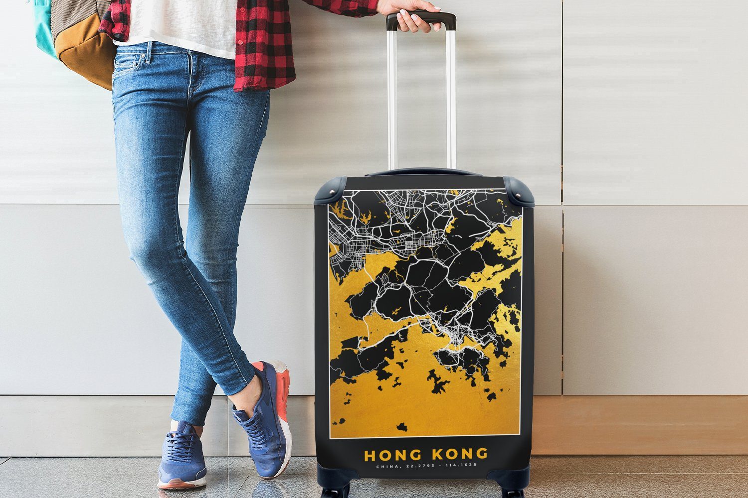 - Hongkong Handgepäckkoffer Reisekoffer Reisetasche MuchoWow Gold Stadtplan Handgepäck - rollen, Rollen, 4 mit Ferien, Karte, Trolley, - für