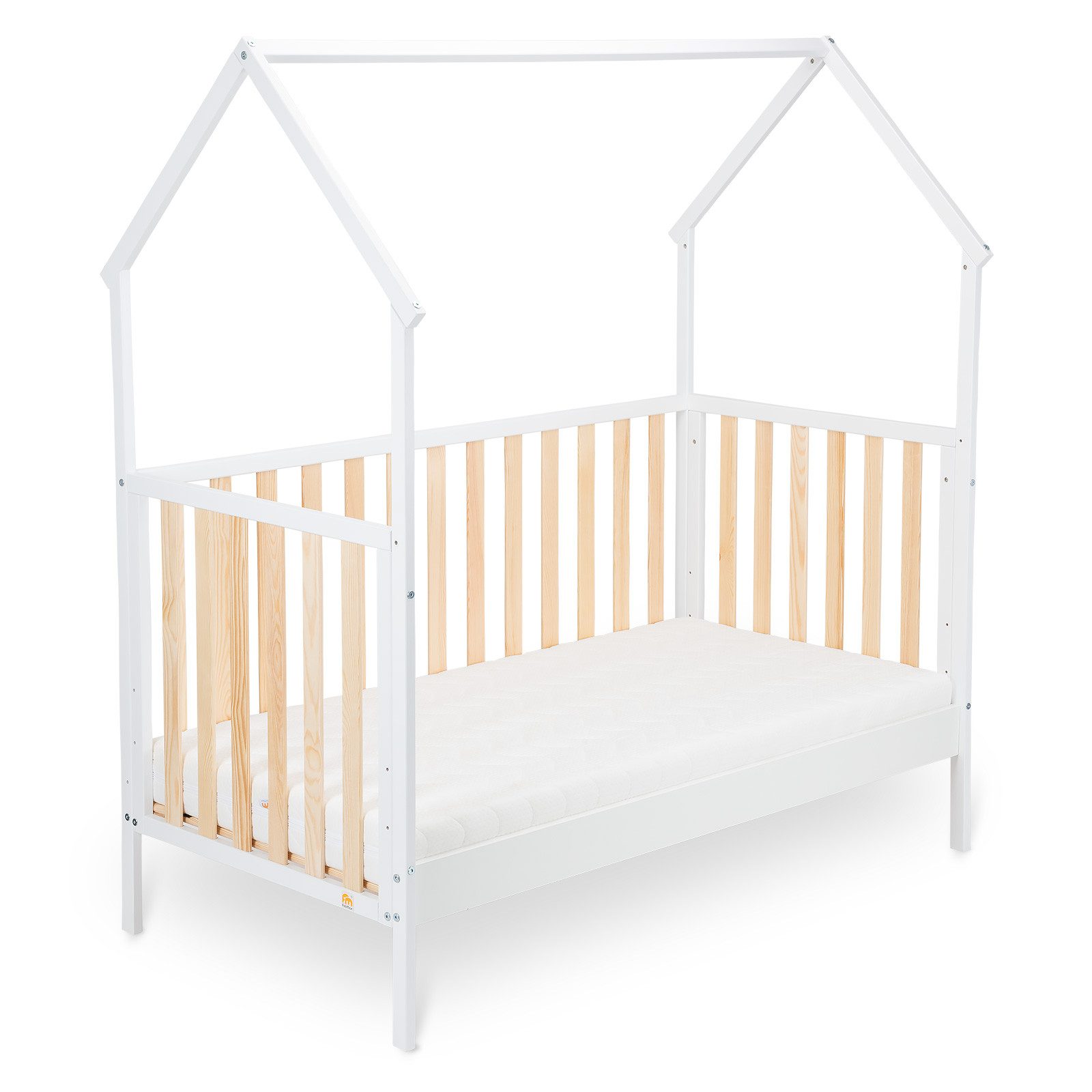 FabiMax Kinderbett Hausbett Schlafmütze 140 x 70 cm Liegefläche, weiß lackiert / natur, Kiefernholz massiv, Gitterbett, Umbaubar zum Juniorbett
