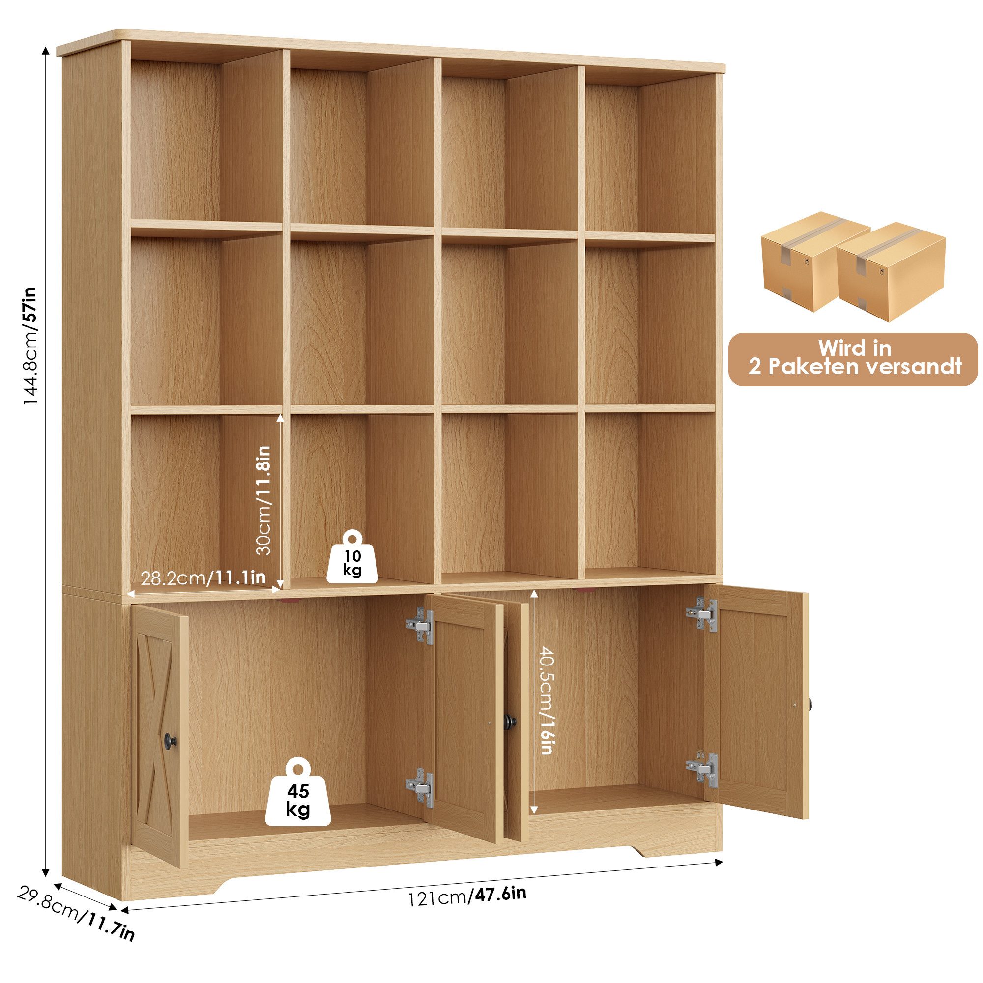 Homfa Bücherregal Standregal Bücherschrank für Kinder und Jugendliche, Bücherregal mit 12 offenen Fächern und 4 Türen Holz 144,8x121x29,8cm