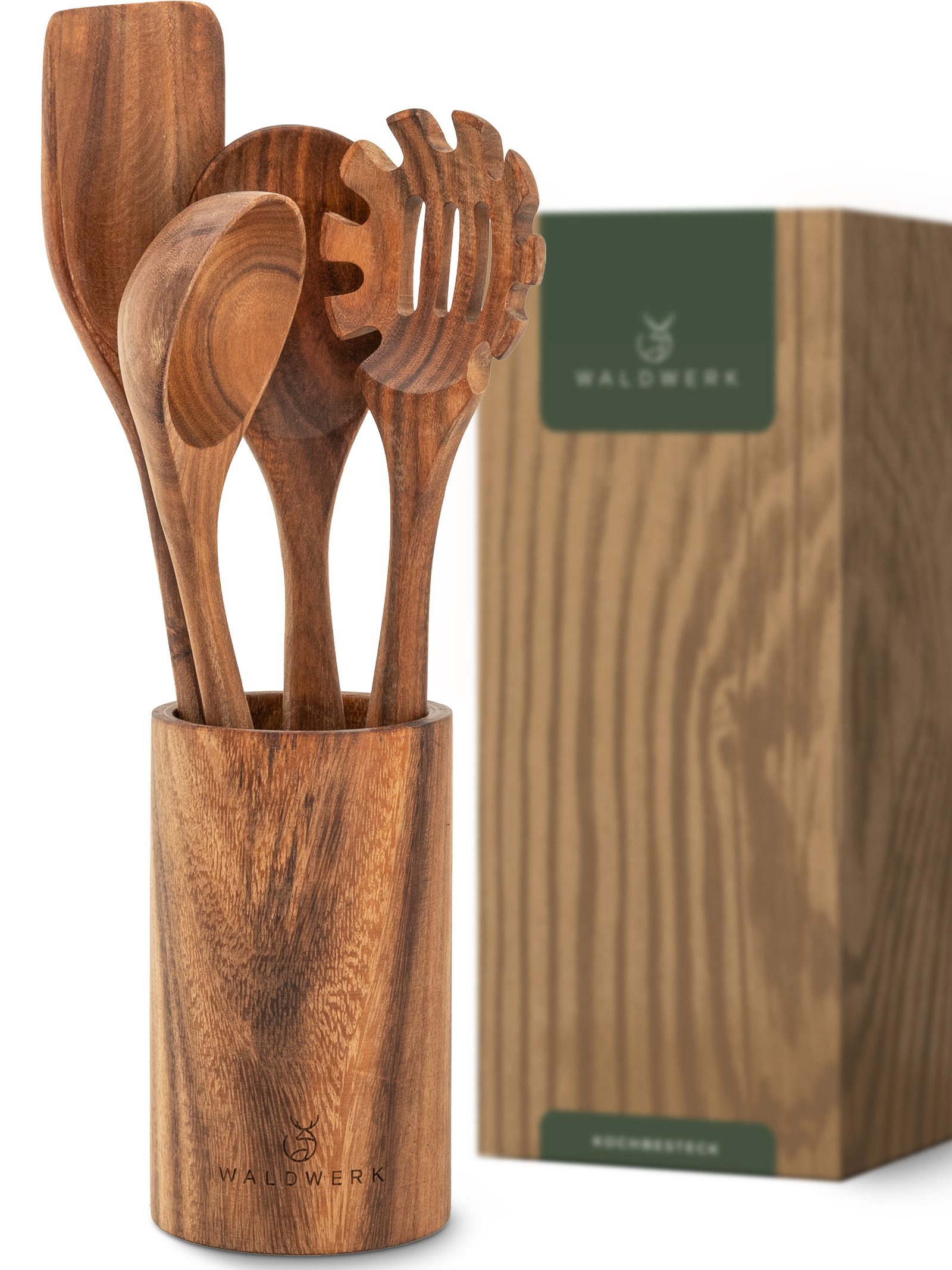 Waldwerk Kochbesteck-Set Küchenhelfer aus Teakholz - Kochbesteck Set - Küchenutensilien (4-tlg), Pfannenwender, Holzlöffel, Nudellöffel und mehr