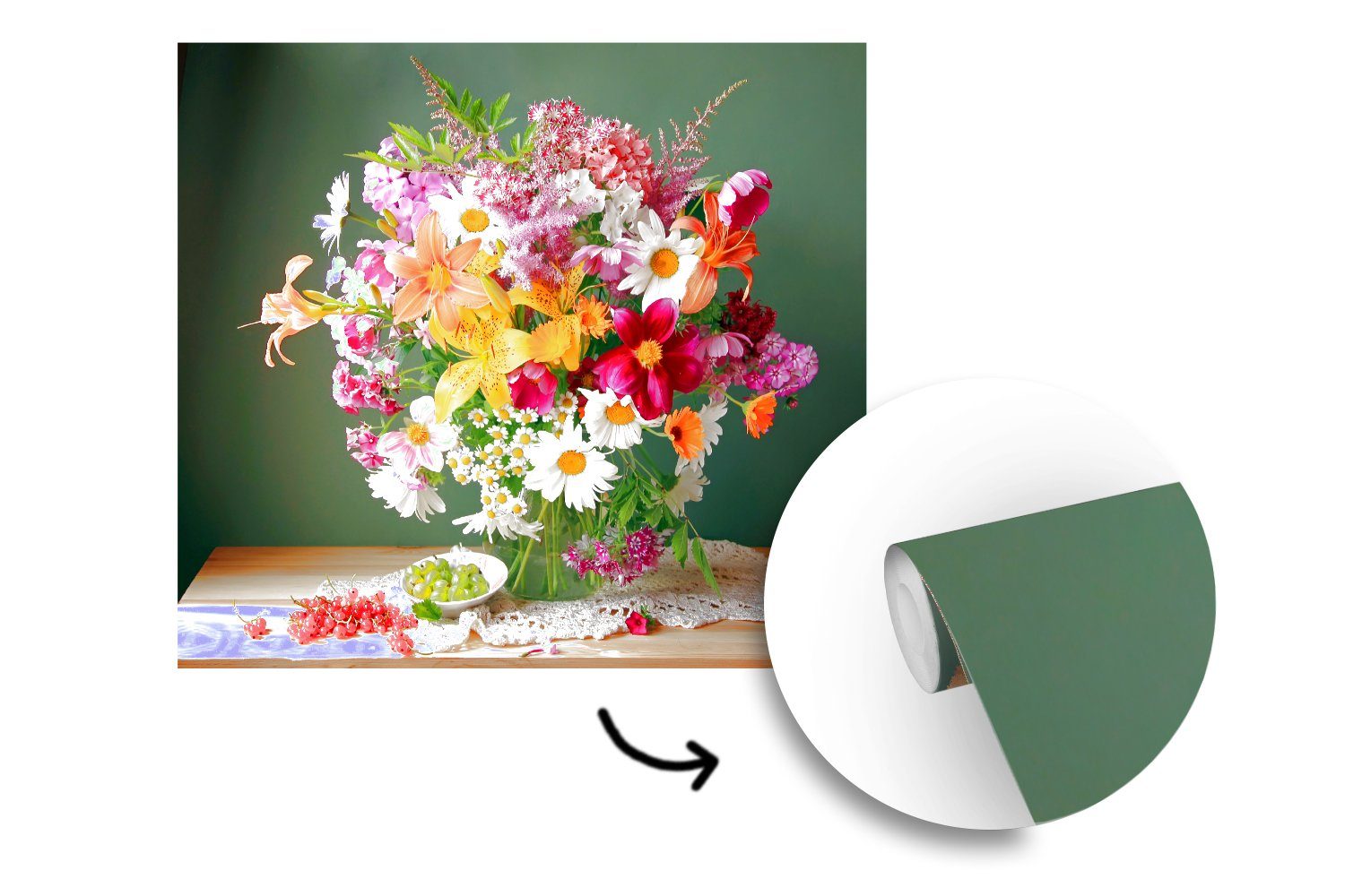 (5 Matt, bedruckt, Vinyl Blumenstrauß für Wandtapete MuchoWow - Montagefertig Wohnzimmer, Stilleben Fototapete Tapete Obst, St), -