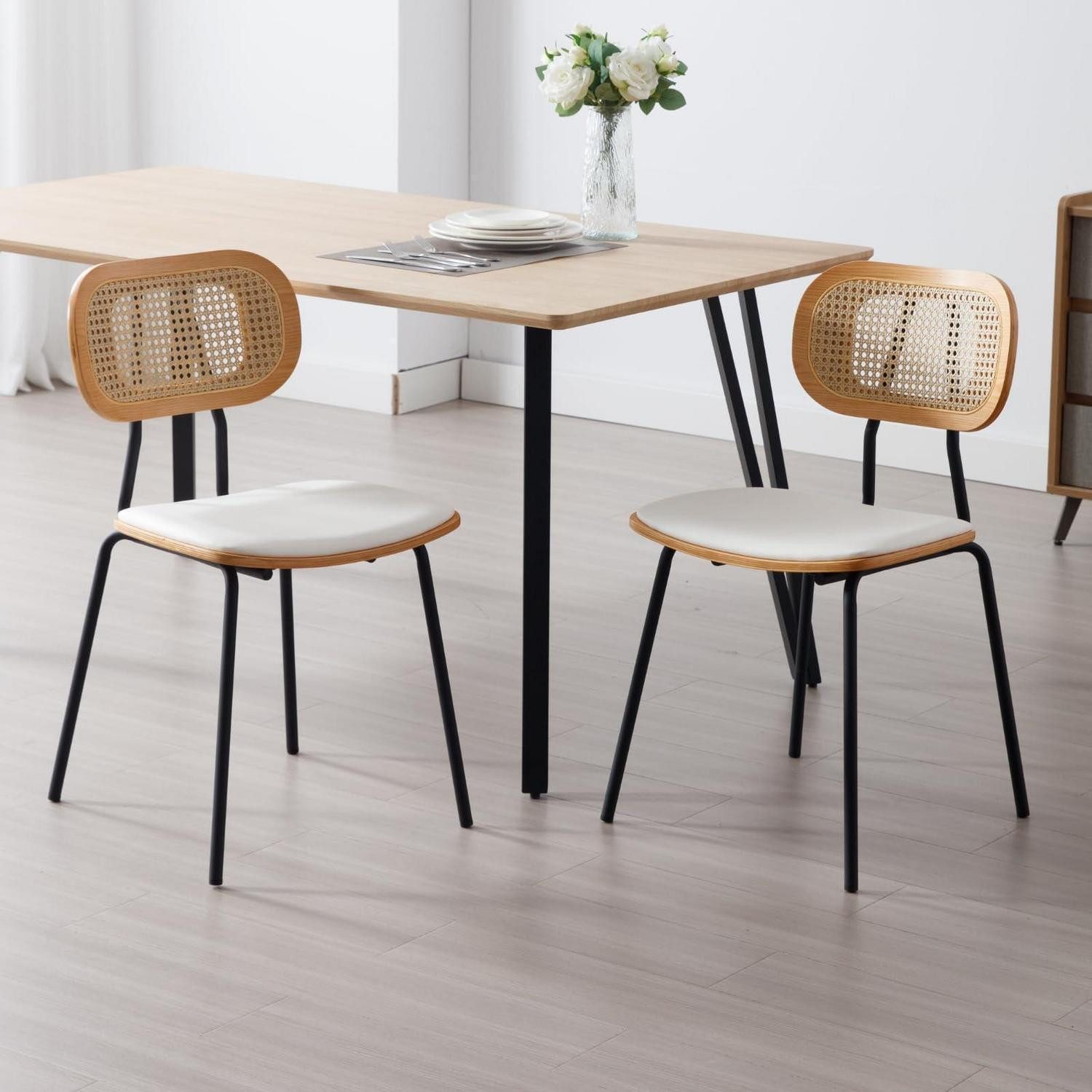 LuxusKollektion Esszimmerstuhl Esszimmerstühle 2er Set Küchenstühle PU Leder Rattan Holz Weiß