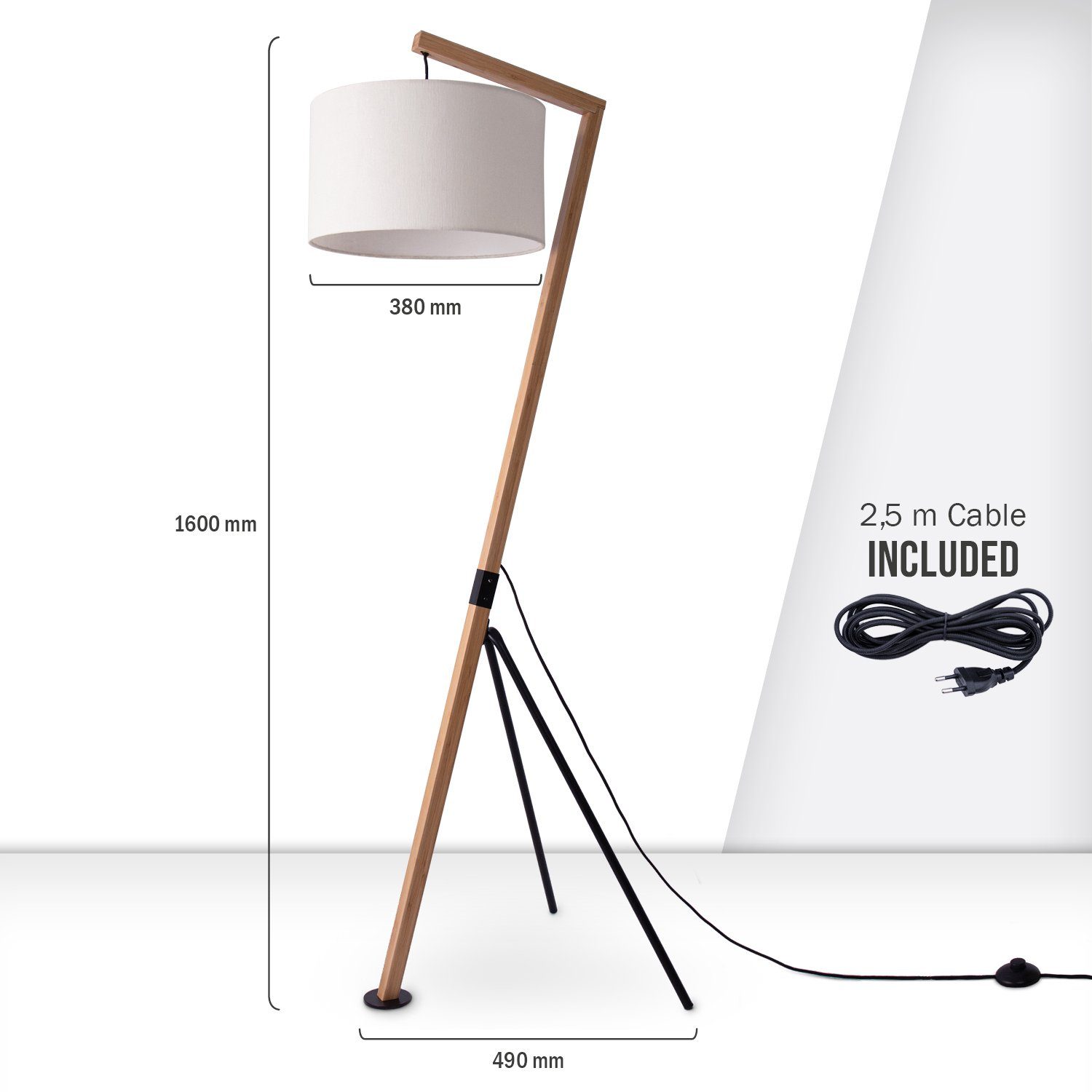 Modern Stehlampe ohne Paco Wohnzimmer GALLOW, Metall Leuchtmittel, Dreibein Galgen Vintage Holz Home E27