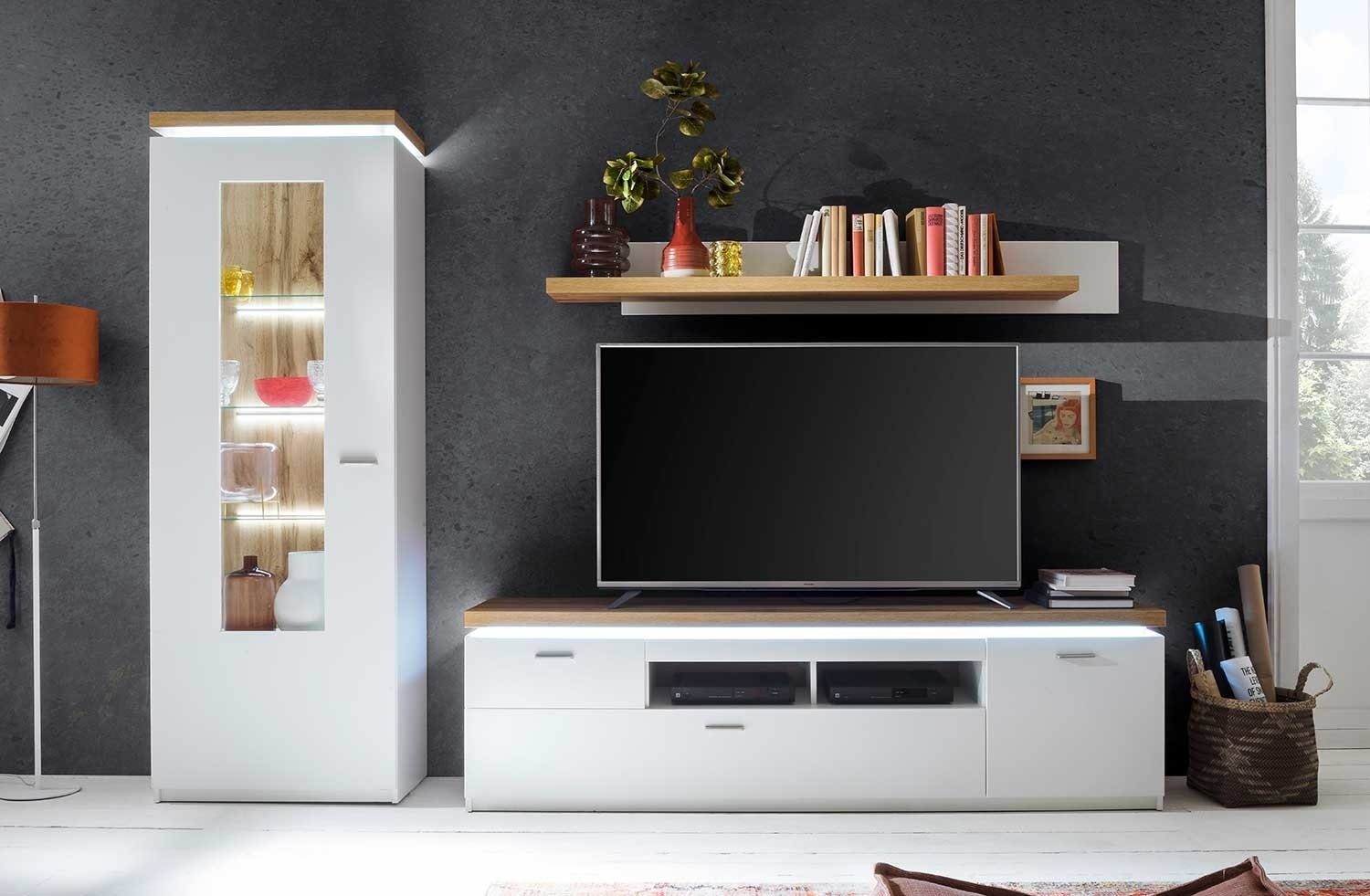 Wohnwand CALI, (3-St), Weiß, Wotan Eiche Dekor, inkl. LED-Beleuchtung, 3-te günstig online kaufen