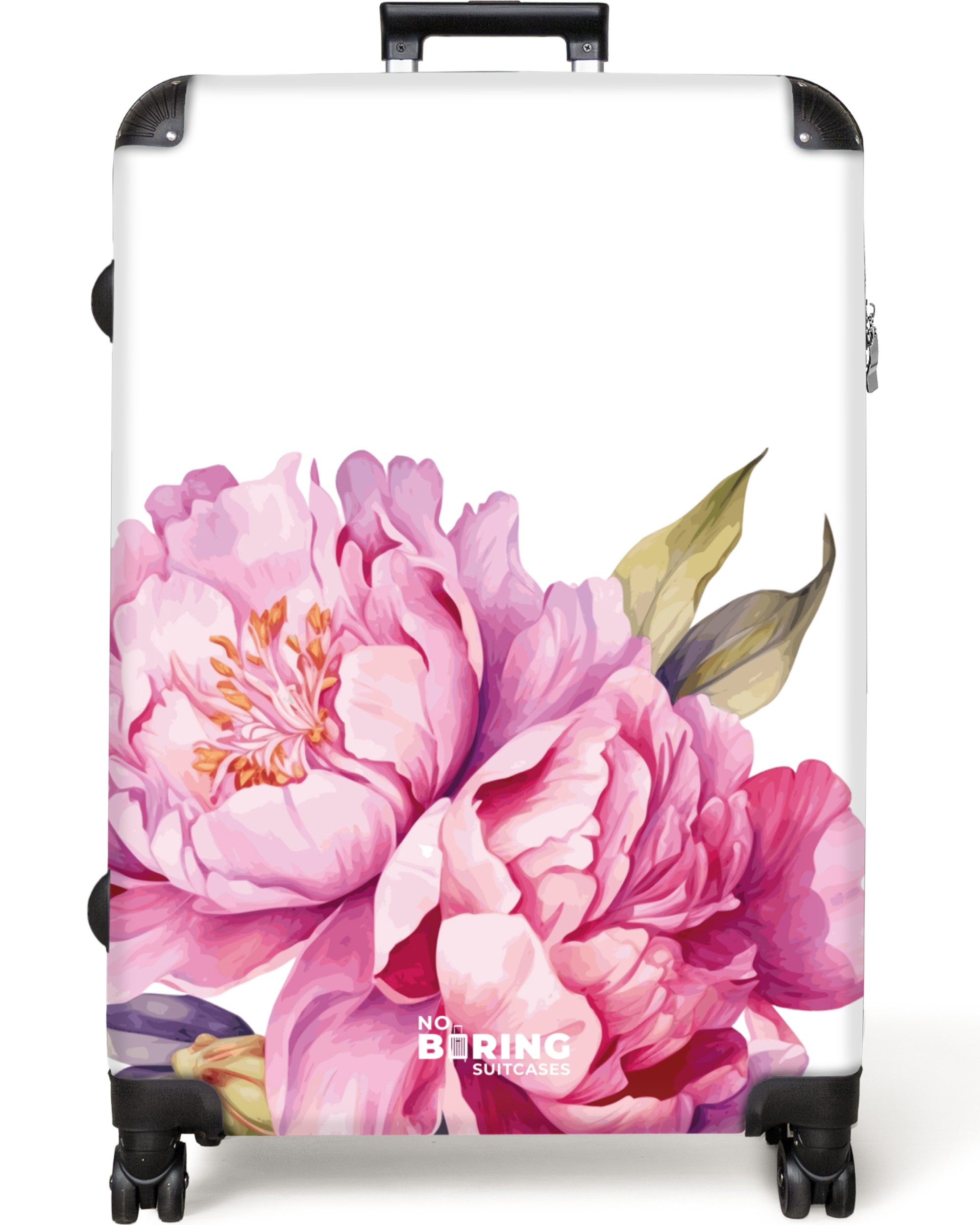 NoBoringSuitcases.com© Hartschalen-Trolley Weiß mit rosa Pfingstrosen günstig online kaufen