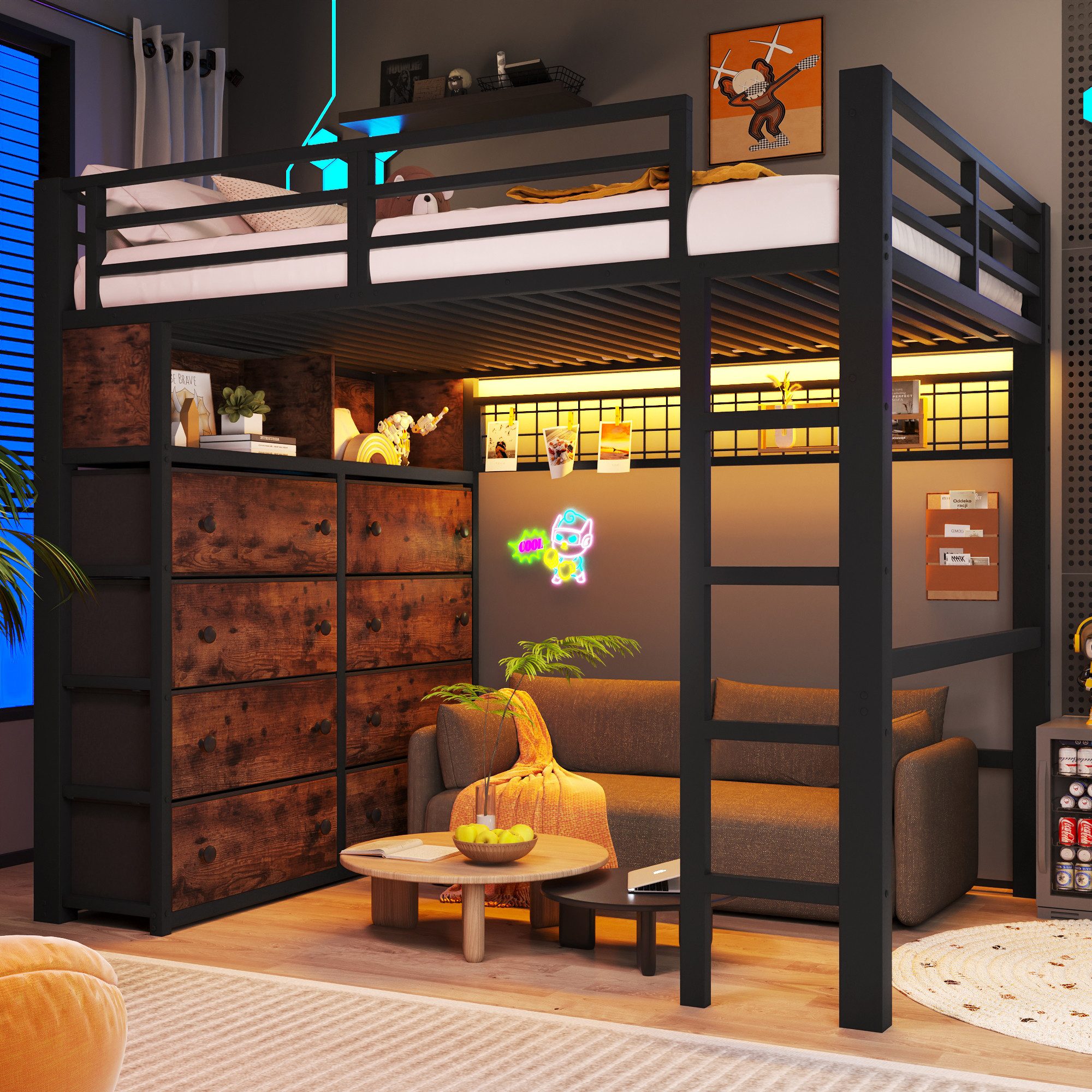 STILVORA Hochbett 140×200 Kinderbett mit Stauraum Bettgestell, ohne Matratze (Multifunktionales Schlafsystem mit Arbeitszone und Aufbewahrung, Kieferholz und MDF Mischung stabile Rahmenkonstruktion langlebig) für Jugendzimmer, Lernen, Spielen, Schlafen und Ordnung