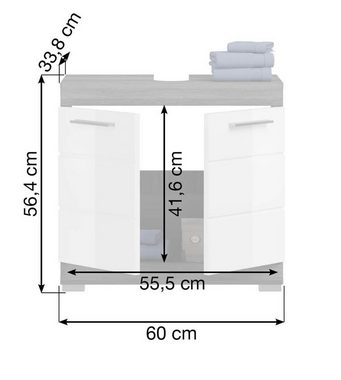 xonox.home Waschbeckenunterschrank Scout (Waschtisch Unterschrank, weiß Hochglanz und grau) 2-türig, Breite 60 cm