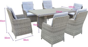 KONIFERA Garten-Essgruppe Venedig, (Set, 19-tlg., 6x Sessel, 1x Tisch 200x100x75 cm, inkl. Auflagen, Alu, Polyrattan), Tischplatte aus 5mm starkem Sicherheitsglas, Hellgrau