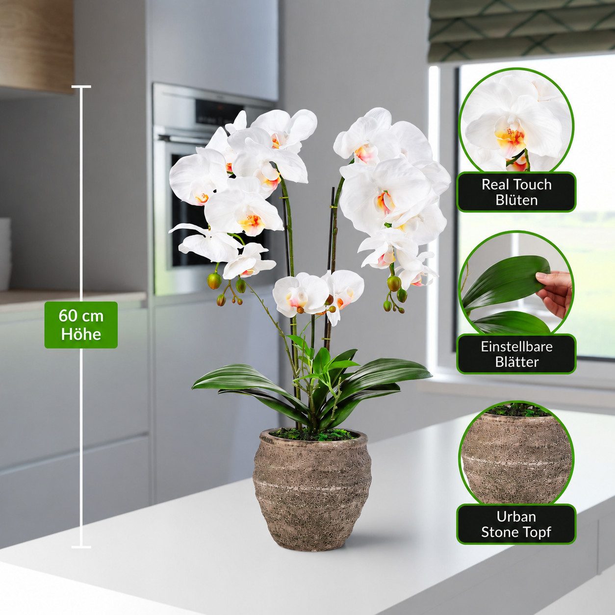 Kunstorchidee PASCH® Orchidee künstlich wie echt (60cm) in Urban Stone Töpfen Orchidee, PASCH, Real Touch Blüten, Handgefertigter Stone Cube