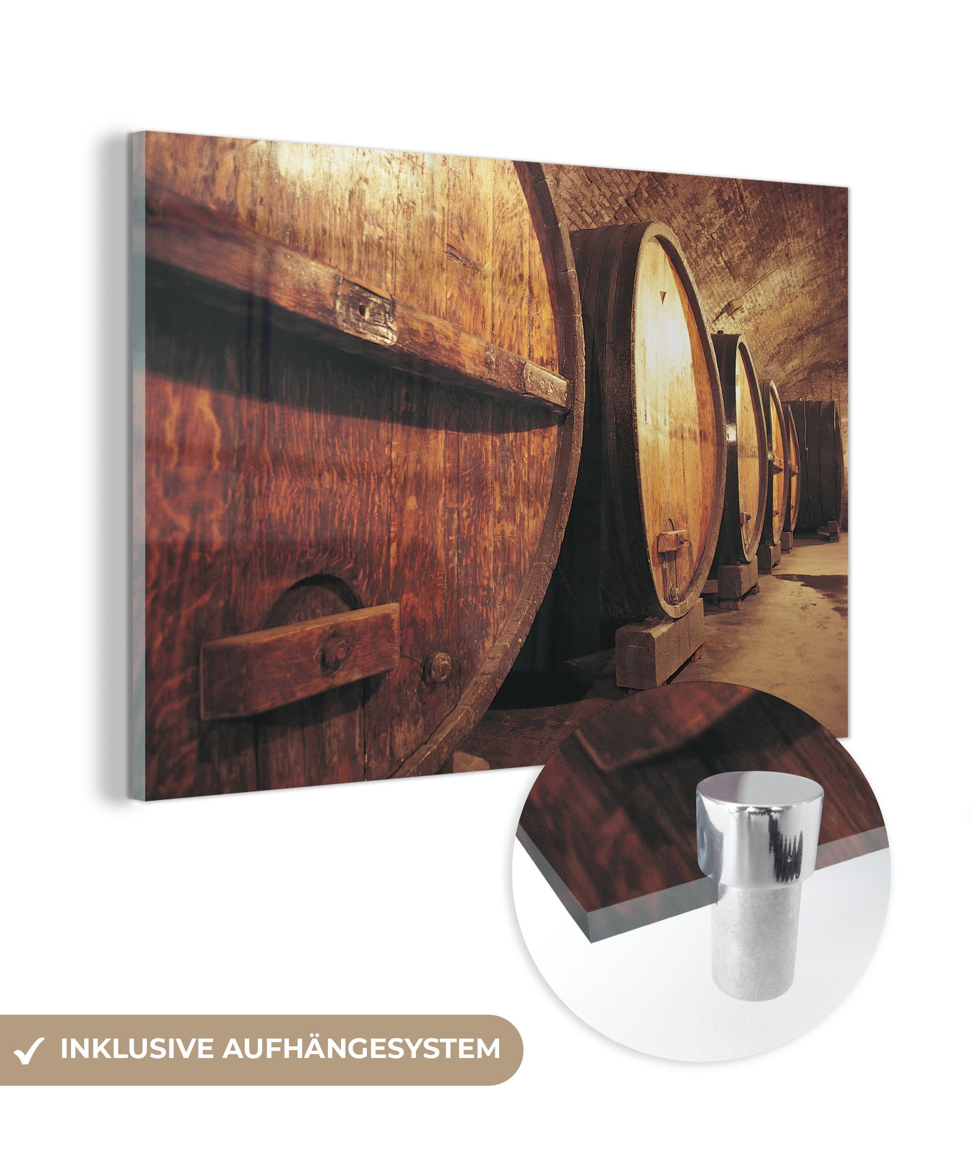 MuchoWow Acrylglasbild Bild von hölzernen Weinfässern, (1 St), Acrylglasbilder Wohnzimmer & Schlafzimmer