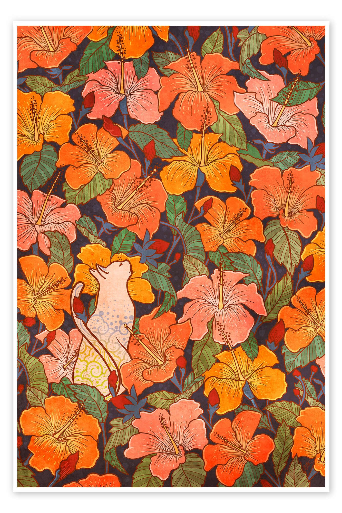 Posterlounge Wandbild Katze in einem Hibiskusfeld, syntetyc, erhältlich als Poster, Leinwandbild, Wandsticker oder Acrylglasbild