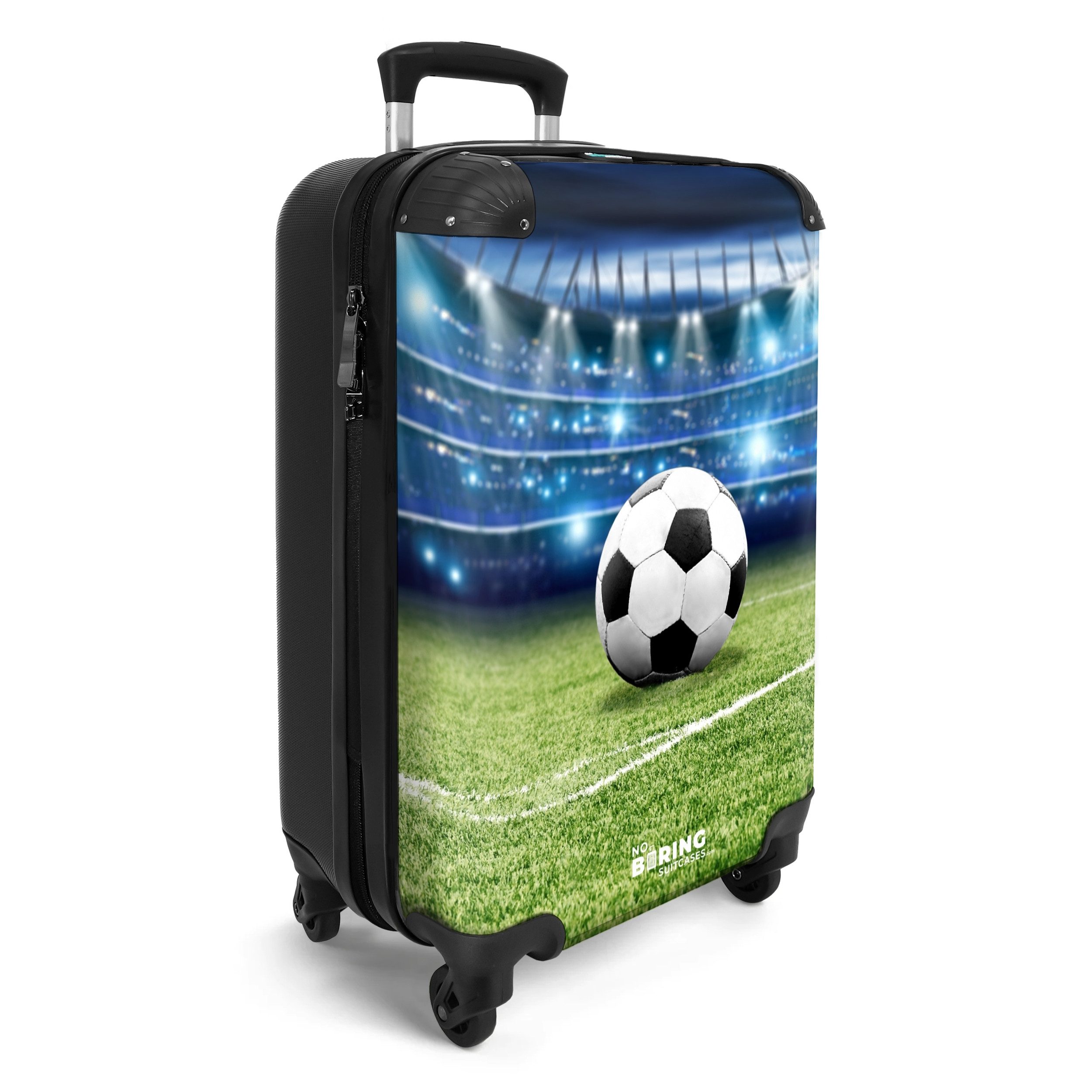 NoBoringSuitcases.com© Kinderkoffer Schwarzer und weißer Fußball in einem Stadion 55x35x20cm, 4 Rollen, Handgepäck Koffer, Hartschalenkoffer Kinder, Reisekoffer Jungen