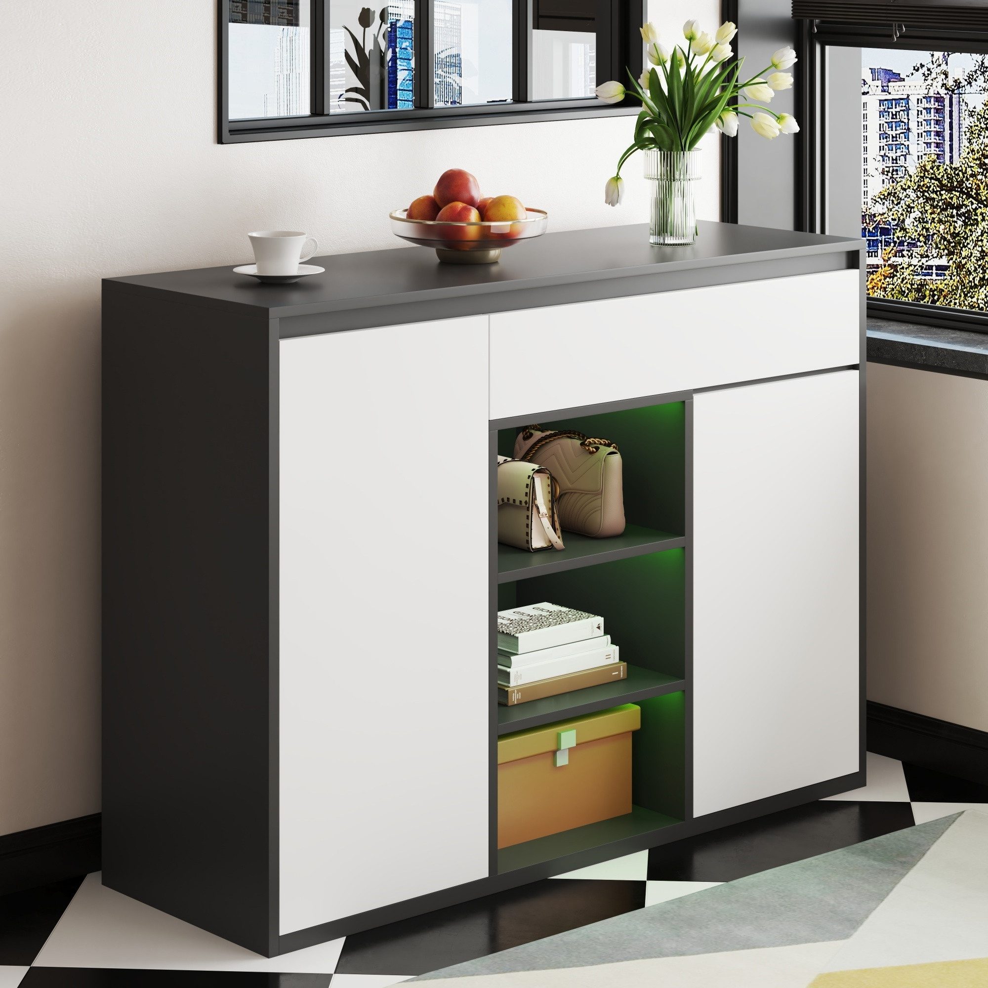 Merax Schuhschrank mit LED-Beleuchtung und verstellbare Regale (1-St) Schuhregal mit 2 Türen & 1 Schublade, Flur Diele, 105x39,5x86 cm