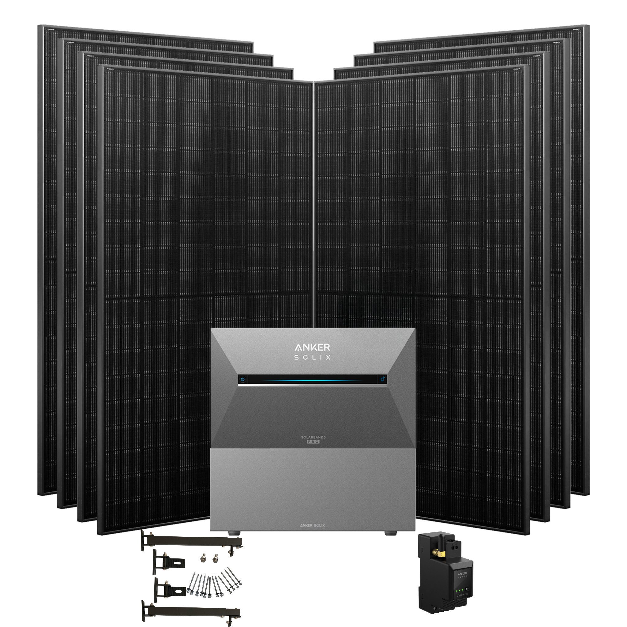 Anker Balkonkraftwerk Solix 3600W Photovoltaikanlage Komplettset mit Solarbank E2700 3 Pro, 3600 W, (Set, 8 *450W Solarmodule+ Anker solarbank 3 Pro / Montageset/BP2700), mit Smart Meter, integriertem Wechselrichter, Wifi, Bluetooth, IP65