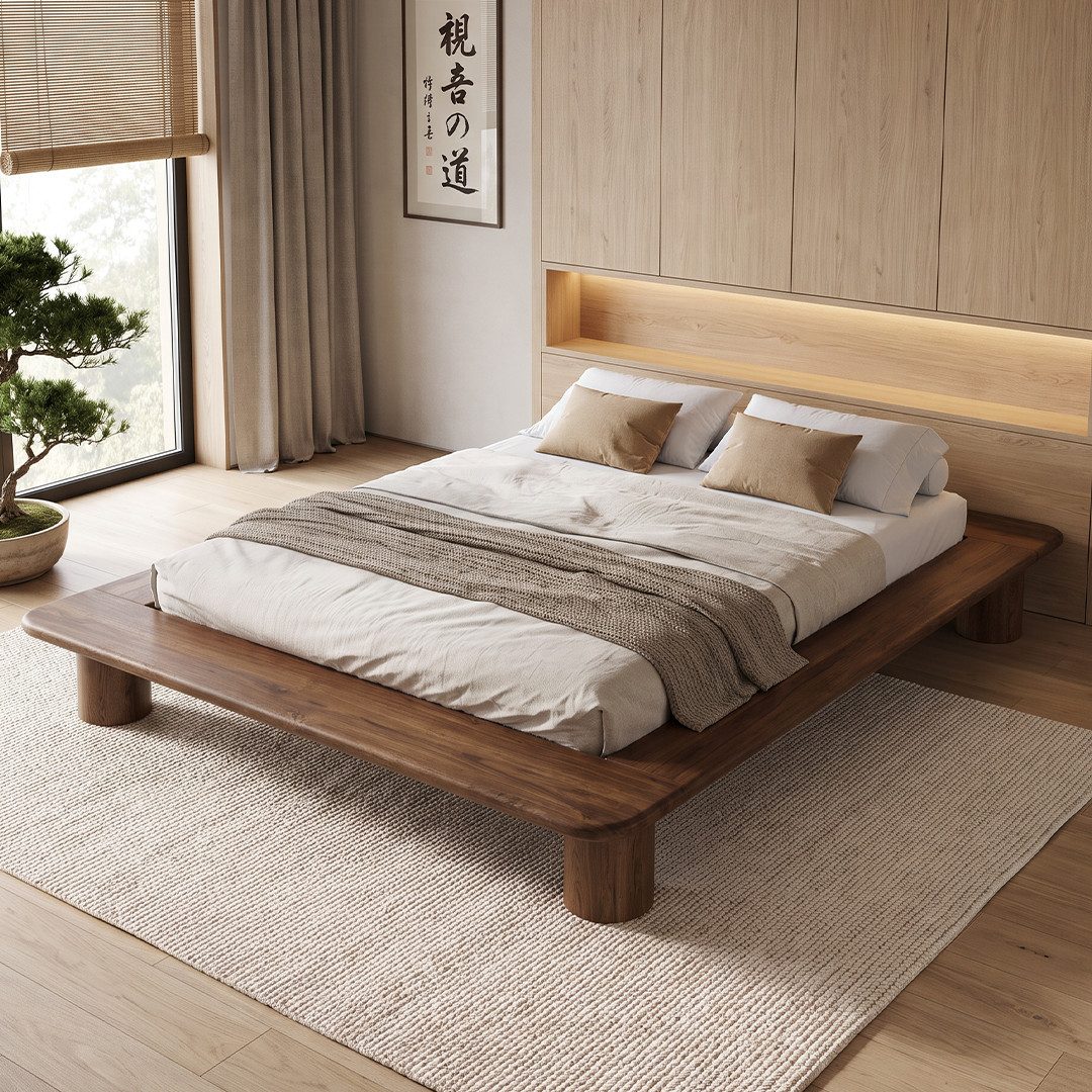 skølm Futonbett Vestri aus massiver Eiche (Walnussoptik, 140x200 cm), Massivholzbett lackiert, niedriges Doppelbett mit 25 cm Höhe