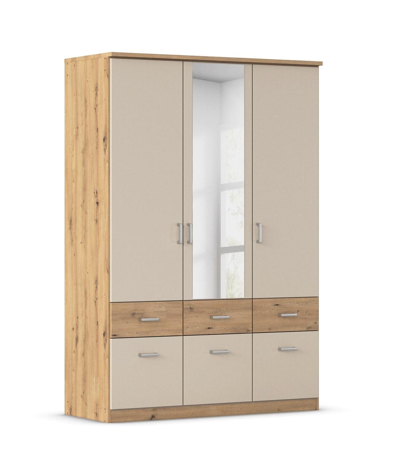 rauch Kleiderschrank BREMEN, Artisan Eiche Dekor, Champagnerfarben, 3-türig, mit Spiegel, B 136 x H 199 x T 56 cm