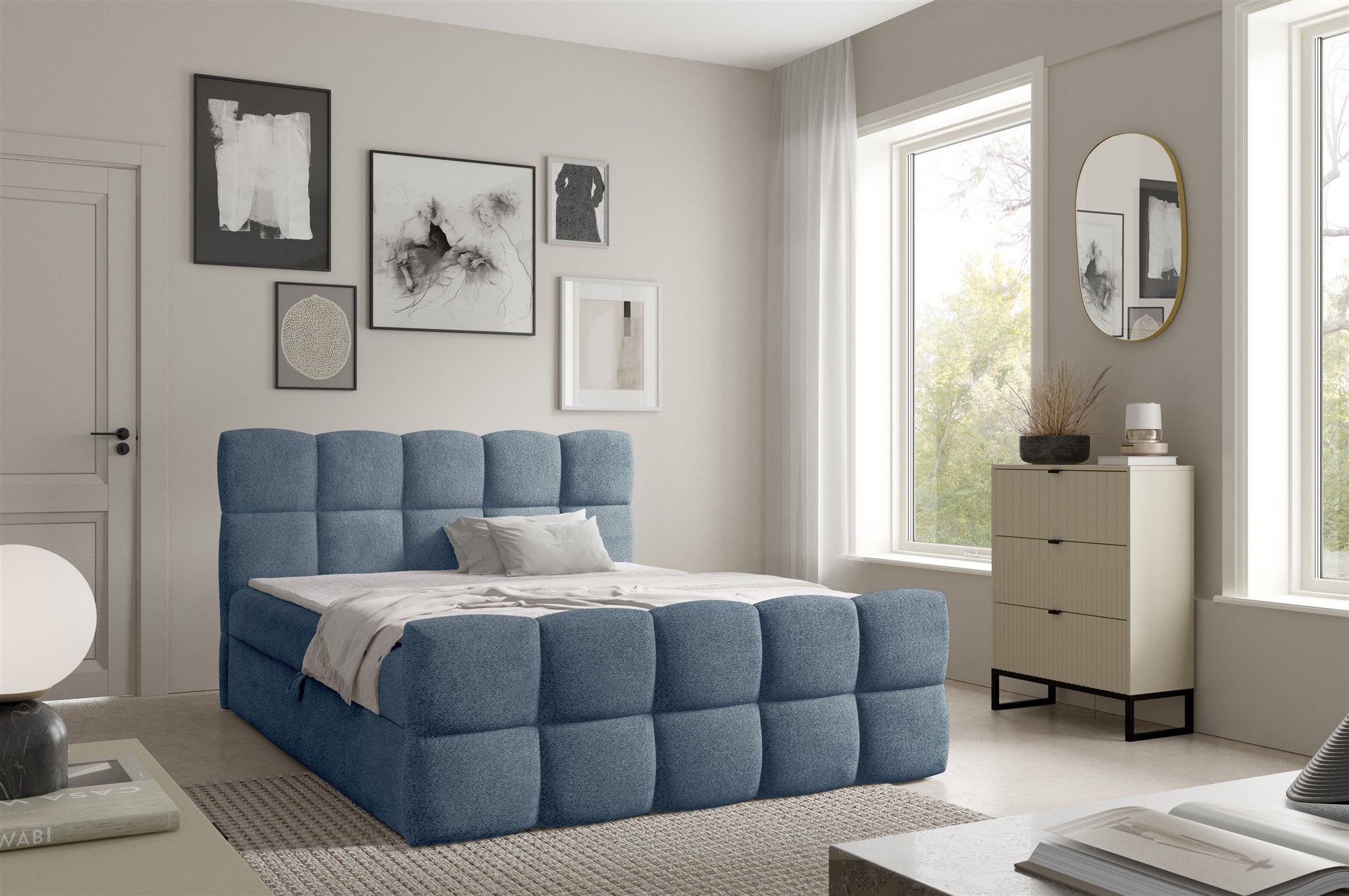 Fun Möbel Boxbett Schlafzimmerbett FUN DENIN Überlänge Stoff Coral (220cm) (inkl. Kaltschaumtopper, inkl. Bonellfederkernmatratze), inkl. Bettkasten