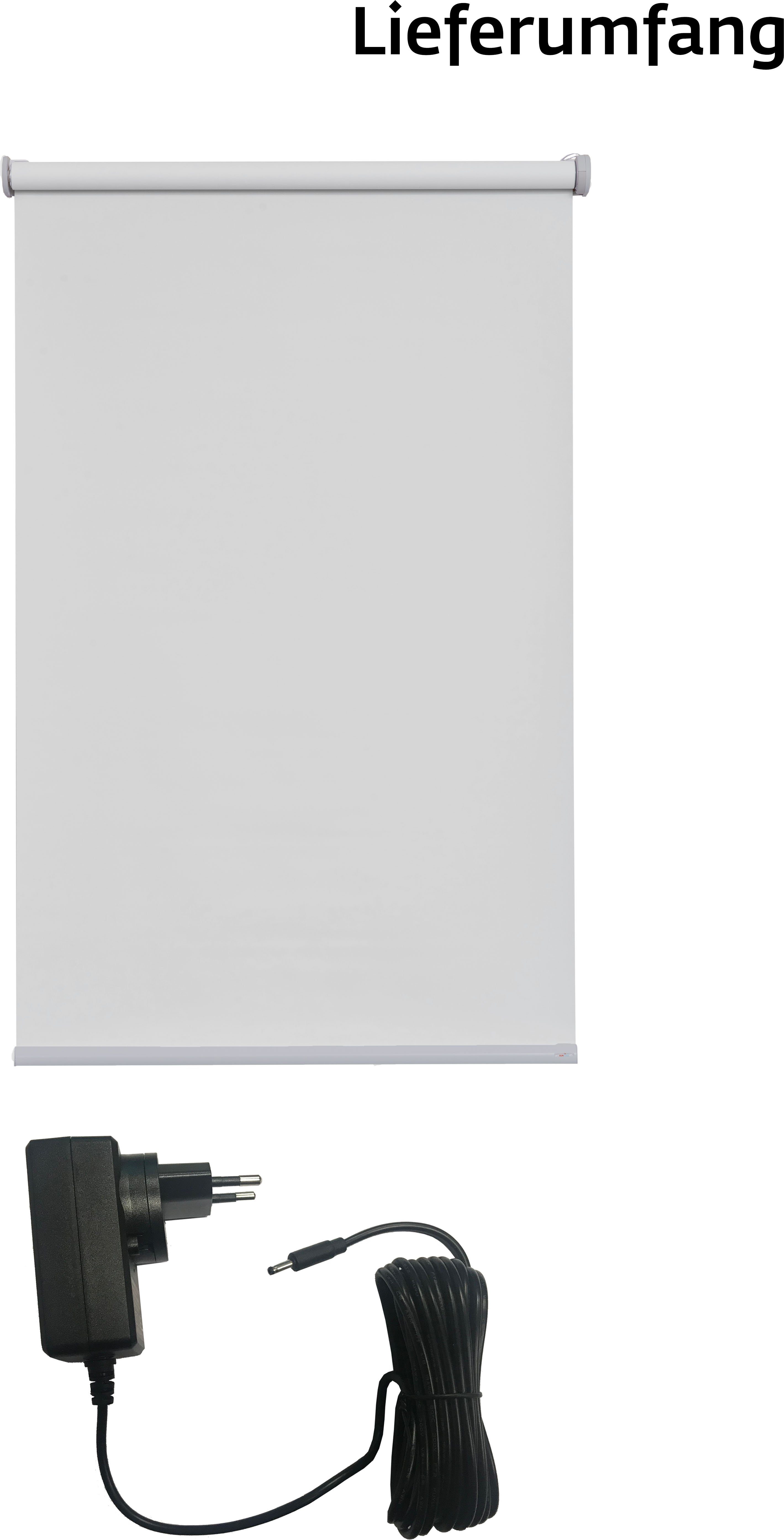 Elektrisches Rollo Miami, sunlines, Lichtschutz, mit Bohren, freihängend, verschraubt, appgesteuert via Bluetooth, mit Motor & Akku, silberfarbener Fallstab