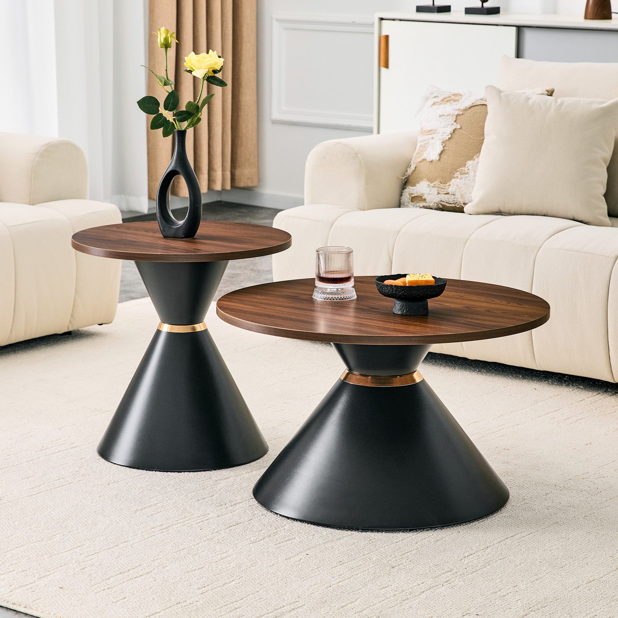 Celya Couchtisch 2er Set Nesting-Couchtische, mit Metallkonus (platzsparend für Wohnzimmer, Schlafzimmer und Büro)