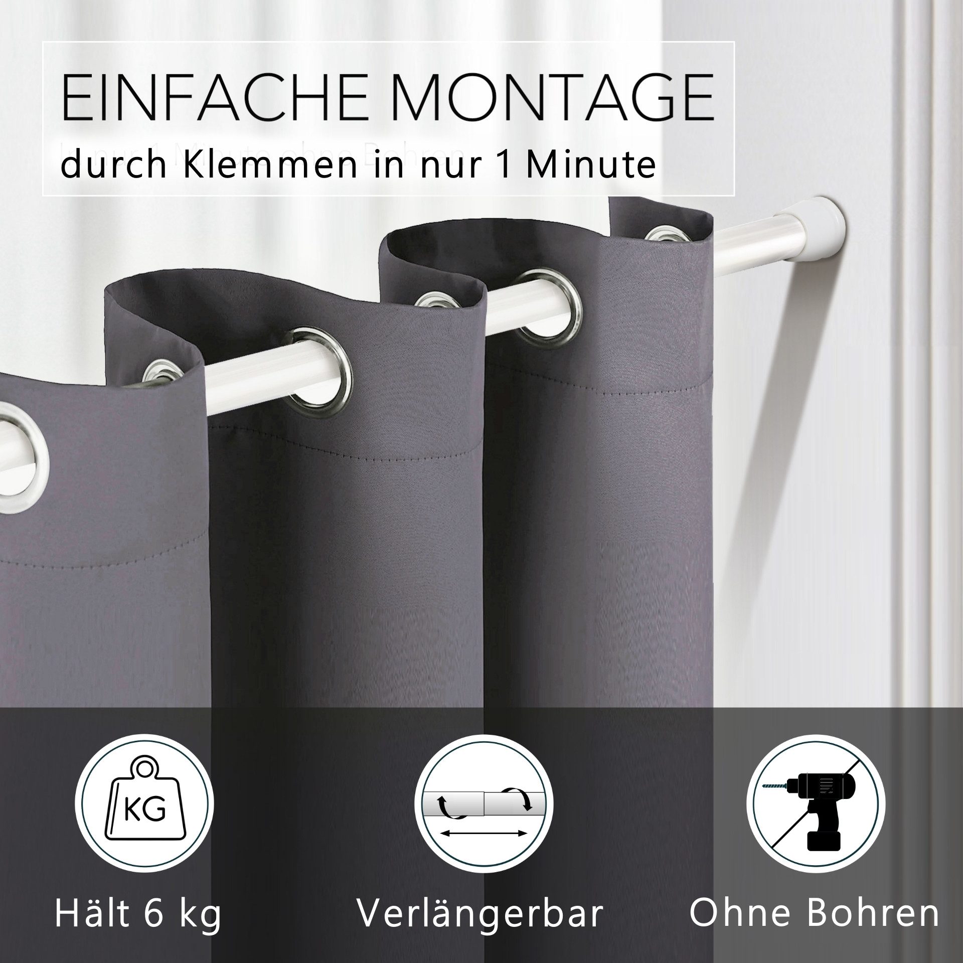 tinycurtains Klemmstange Teleskopstange 70-120 cm oder 111-200 cm Vorhangstange ohne Bohren, Ø 0.22 mm, 1-läufig, ausziehbar, klemmbar, Duschvorhangstange, Badstange, Gardinenstange, Metall, Klemmstange, stufenlos verstellbar, rostfrei, Stange für Türvorhang