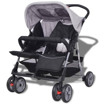 vidaXL Kinder-Buggy Zwillingskinderwagen Stahl Grau und Schwarz