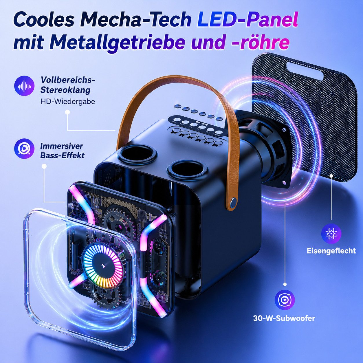 MOPUEA Karaoke-Maschine mit 2 kabellosen Mikrofonen Party-Lautsprecher Bluetooth-Lautsprecher 2 (Bluetooth, Radio, USB, AUX IN, Micro SD Kartenslot, 30 W, Party – Bild 3 von 5