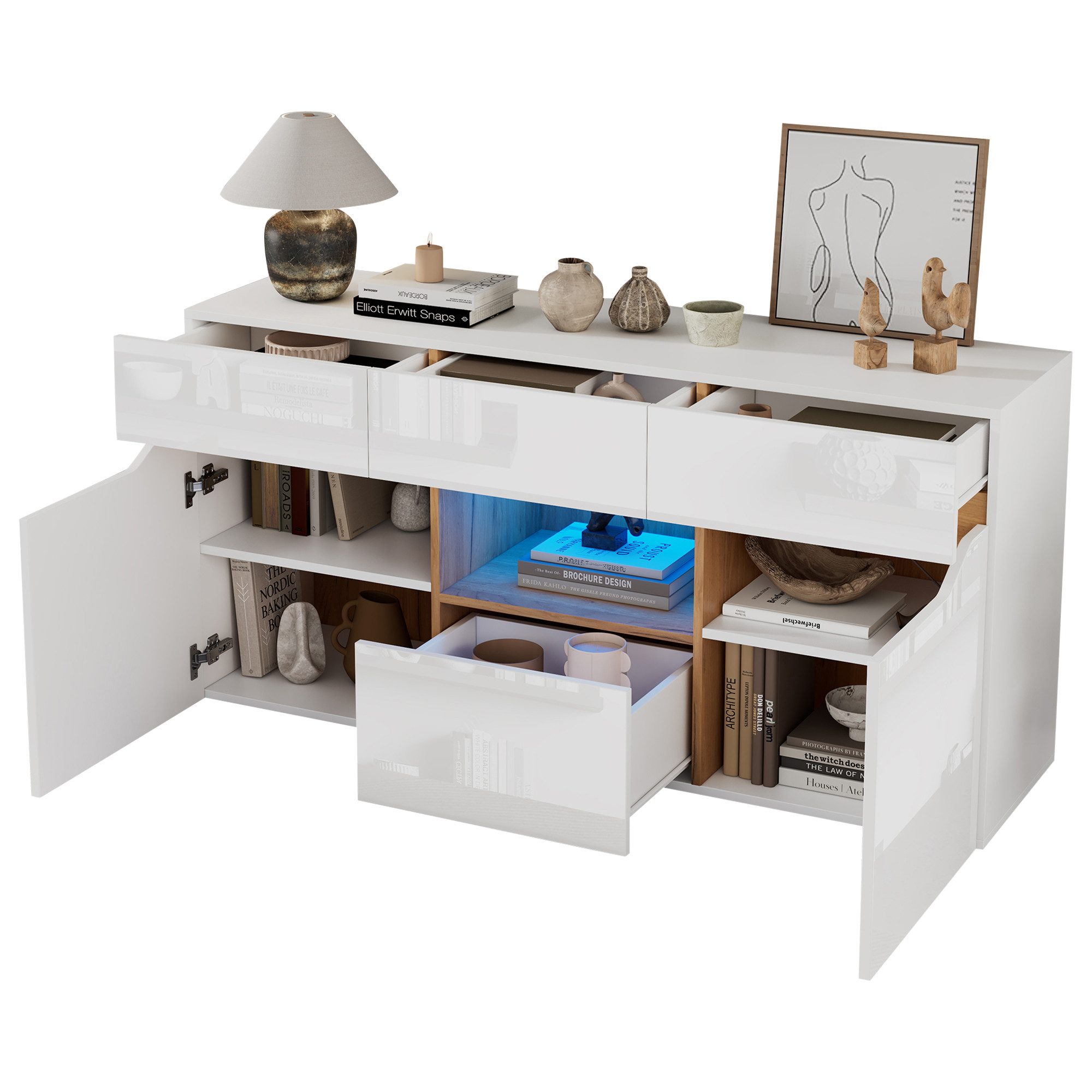 MODFU Sideboard 140x40x70 cm mit LED-Beleuchtung (Wohnzimmeranrichte, Kommode, 1 St., zwei Türen, vier Schubladen), mit LED-Beleuchtung, 140*40*70cm