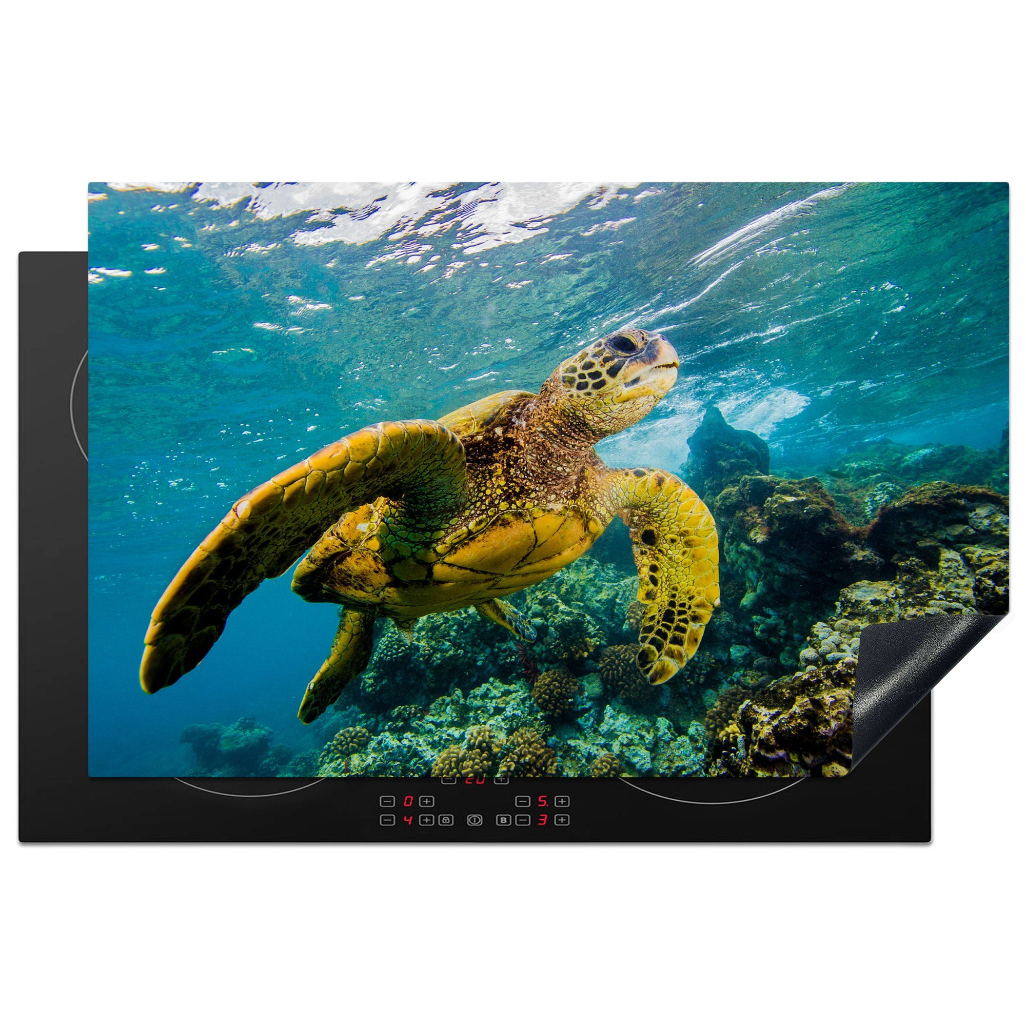 MuchoWow Herdblende-/Abdeckplatte Schwimmende Meeresschildkröte auf Hawaii, Vinyl, (1 tlg), 81x52 cm, Induktionskochfeld Schutz für die küche, Ceranfeldabdeckung