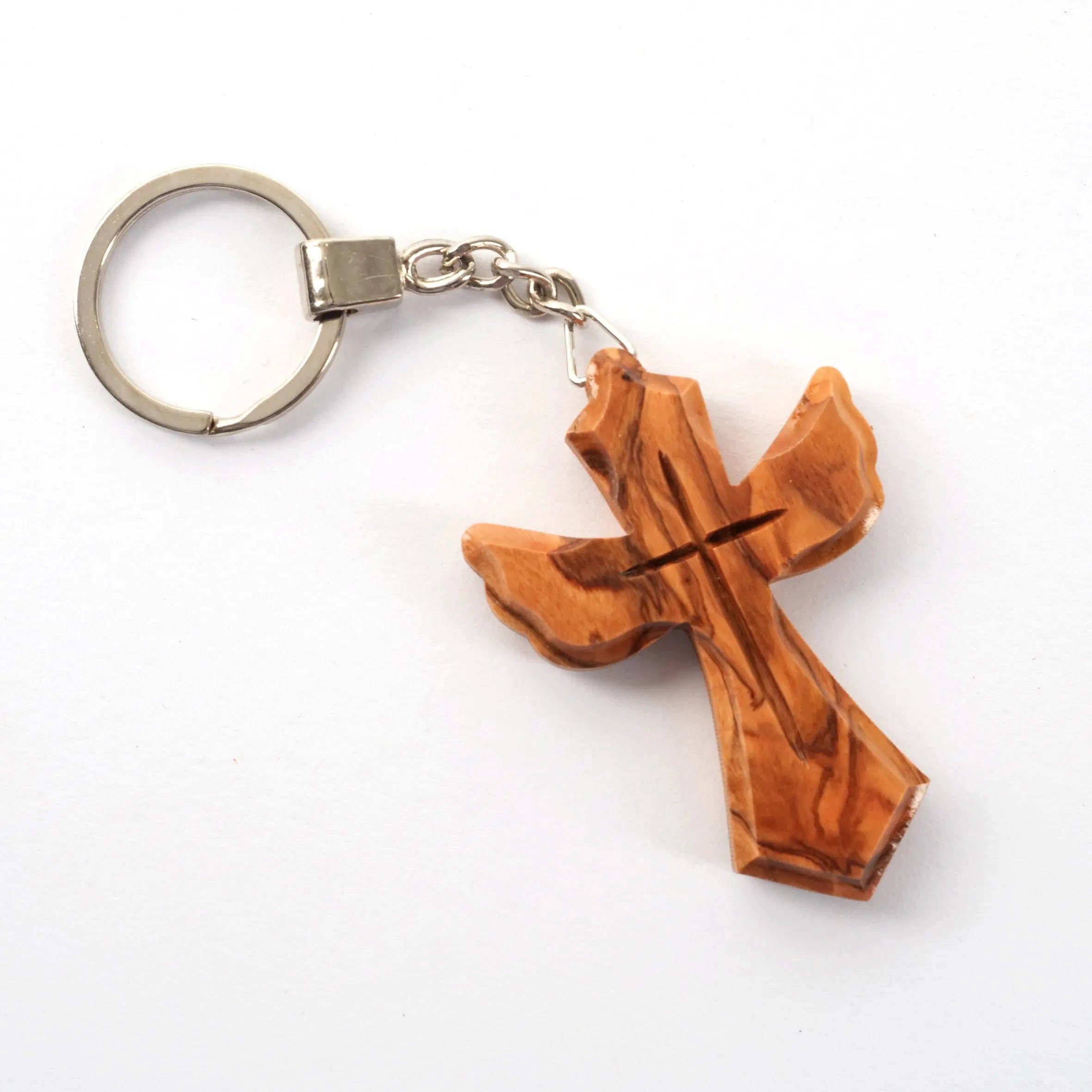 Kassis Schlüsselanhänger Schlüsselanhänger mit Kreuz in Engelsform aus Olivenholz, handgemacht, umweltfreundlich, Naturprodukt, aus Bethlehem