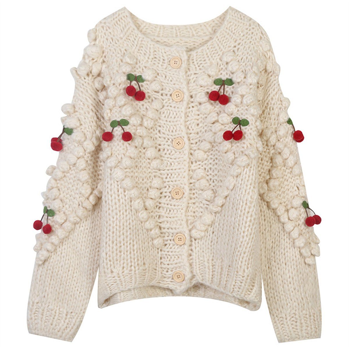 carefully selected Cardigan Weihnachtliche Vintage-Strickjacke mit Kirschmuster, warme Jacke cremefarben