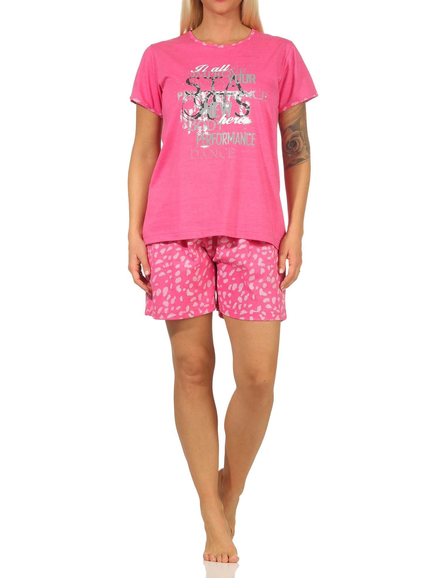RELAX by Normann Pyjama Damen kurzarm Shorty Schlafanzug mit Frontprint und kurzer Hose