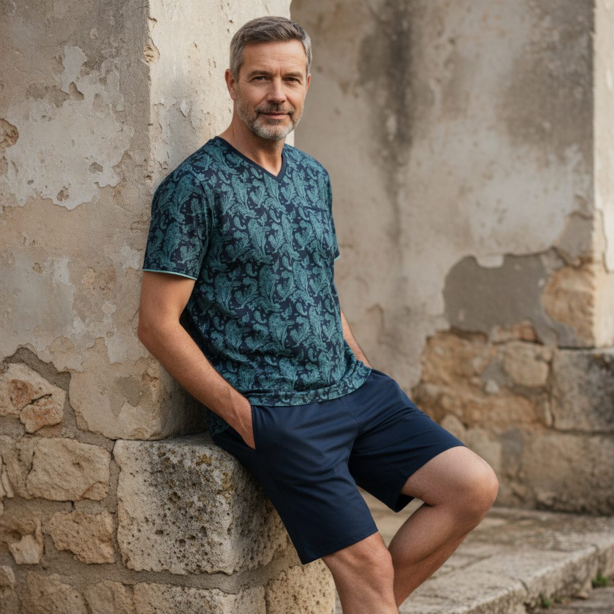 Ringella Shorty im Paisley-Dessin mit V-Ausschnitt und Bermuda mit Seitentaschen (2 tlg)