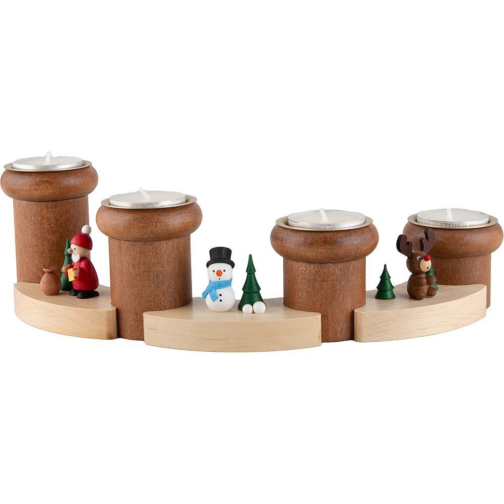 Ullrich Kunsthandwerk Schwibbogen Teelichthalter „Weihnachtsmann, Schneemann und Elch“ (8cm)