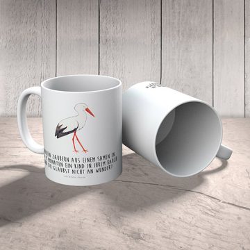 Mr. & Mrs. Panda Kinderbecher Storch - Weiß - Geschenk, Schwanger, Kaffeetasse, Gute Laune, Tiermot, Kunststoff, Förderung der Selbstständigkeit