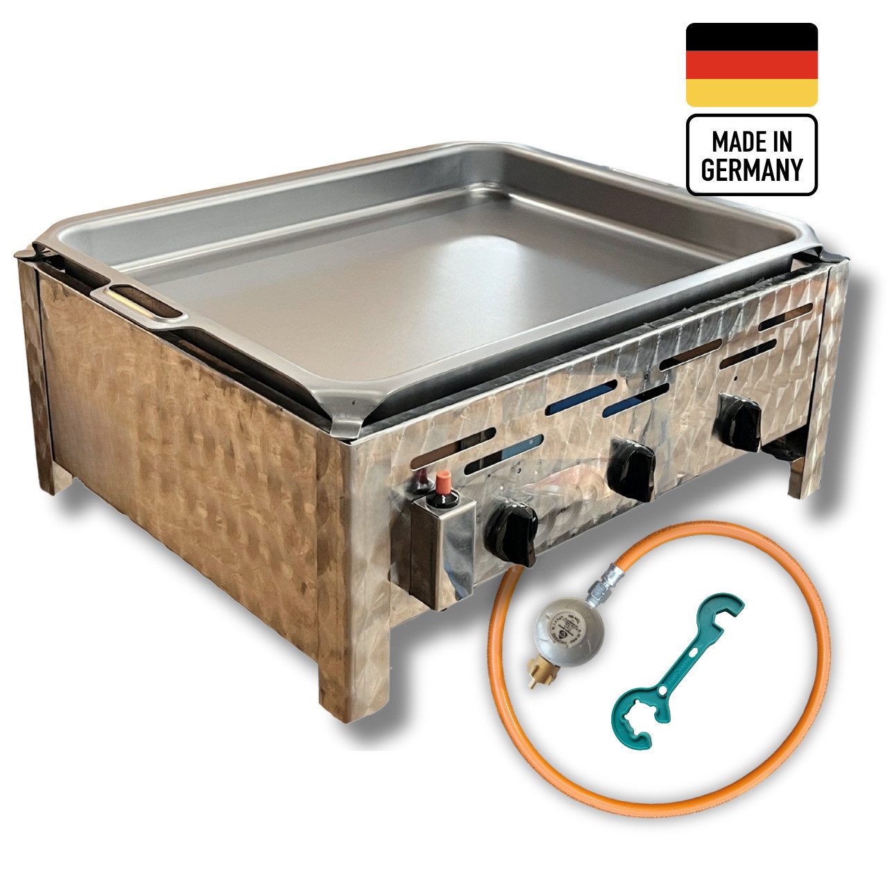 BlueCraft Gasgrill 3 flammig Brenner Edelstahl Gastrobräter Profi Gasgrill inkl. Pfanne, mit Gas Schlauch und Druckminderer Tischgrill robust Made in Germany