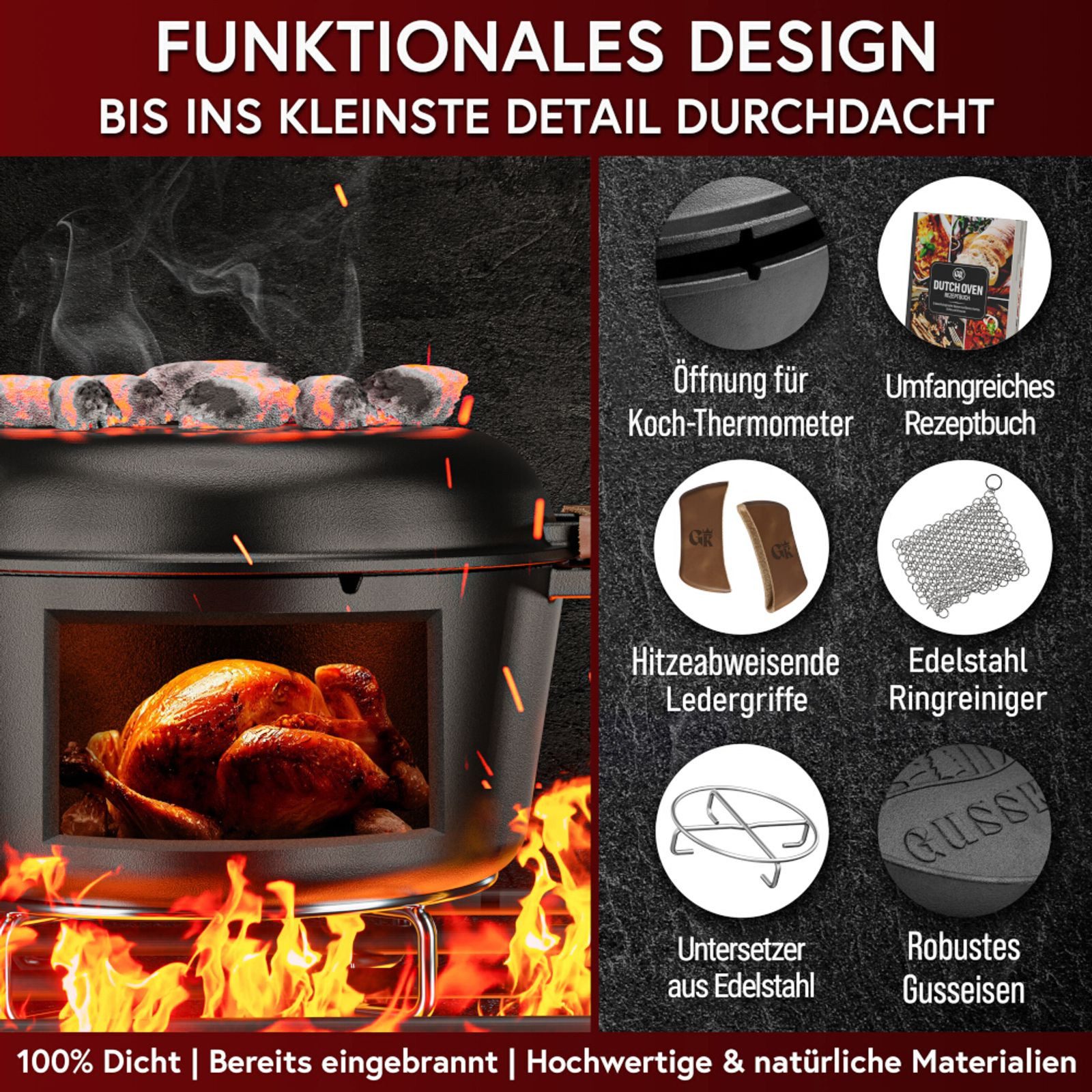 GUSSKÖNIG Feuertopf Dutch Oven 5 l Set aus Gusseisen – 2in1 mit Zubehör Grill Lagerfeuer, Gusseisen