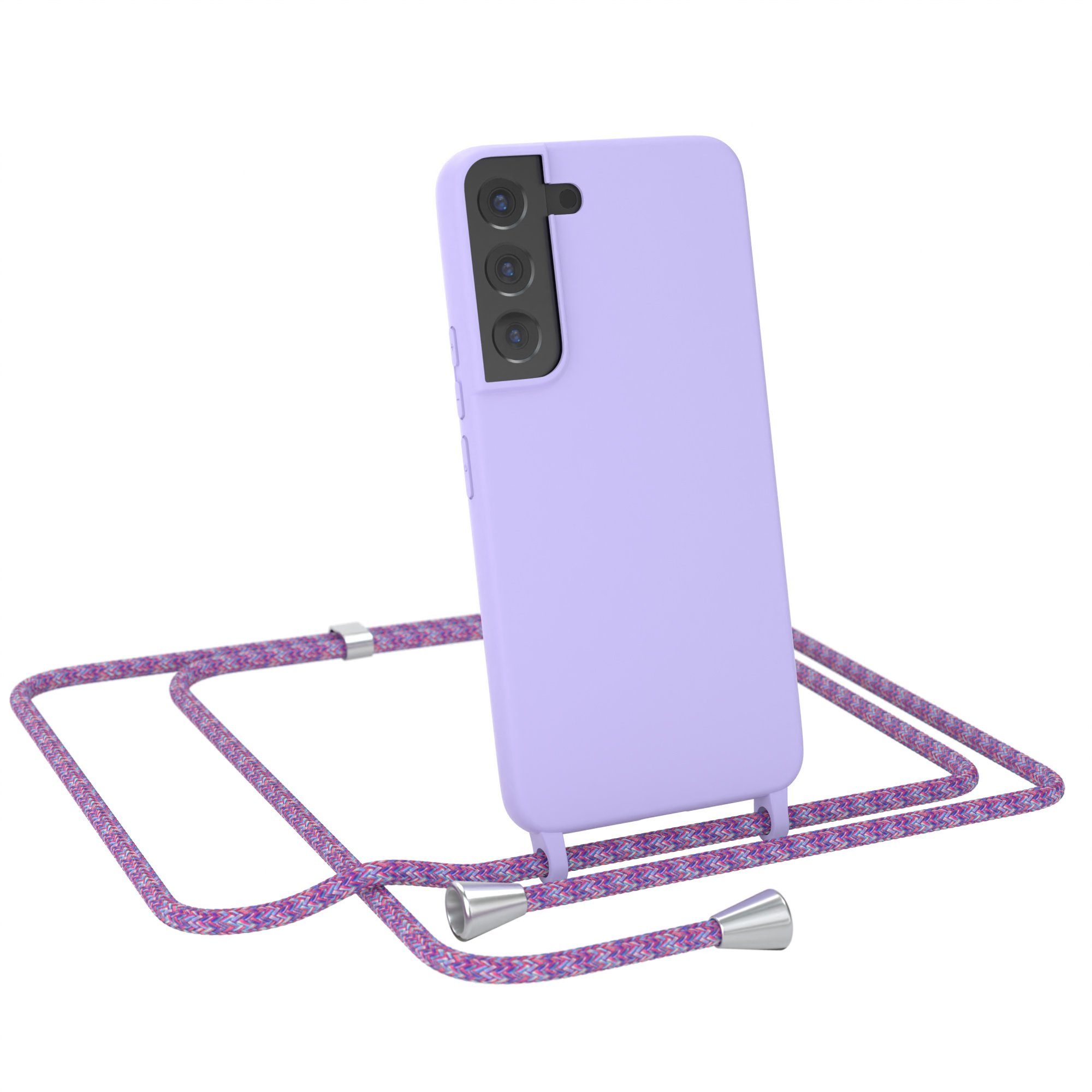 EAZY CASE Handykette Runde Silikon Kette für Samsung Galaxy S22 5G 6,1 Zoll, Handy Band Schutzhülle Back Cover Full Color Matt Crossbag Violett Mix