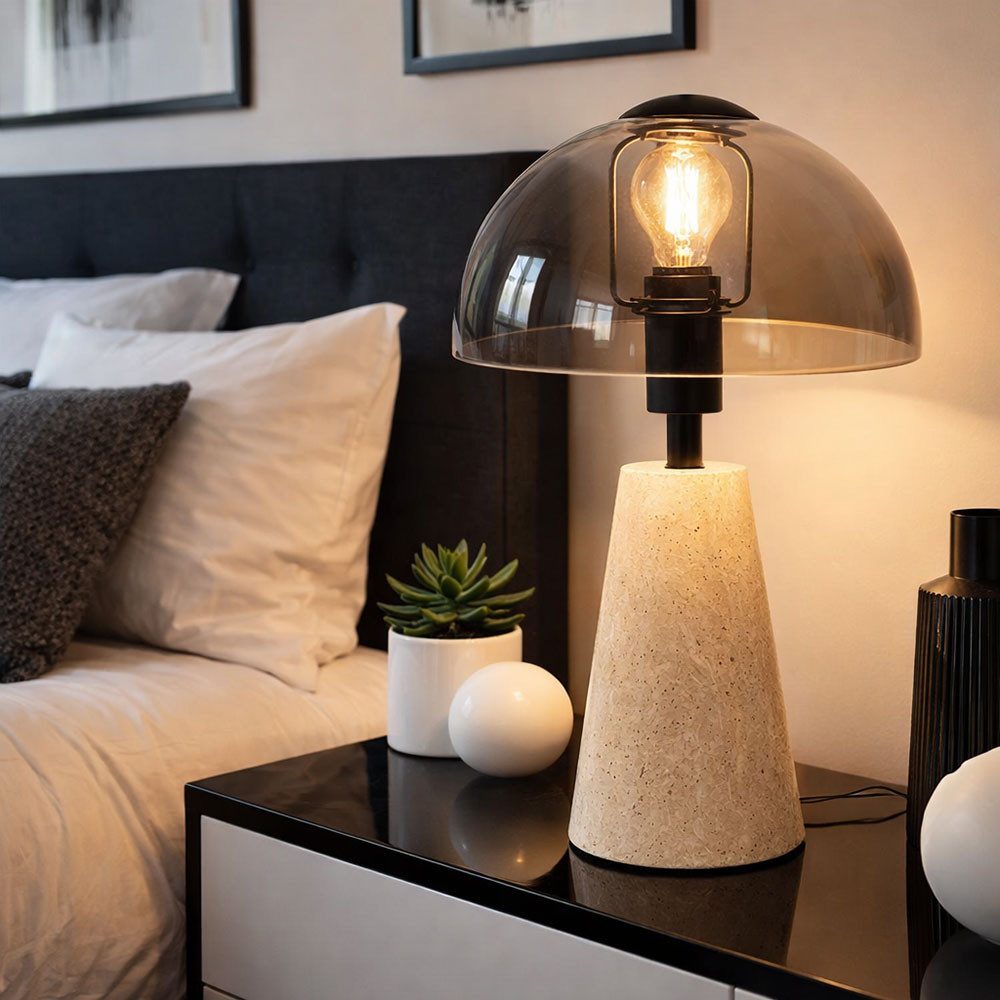 GLOBO LIGHTING LED Tischleuchte, Leuchtmittel inklusive, Warmweiß, Tischlampe Tischleuchte Pilz Design Travertin Stein Rauchglas LED 31cm
