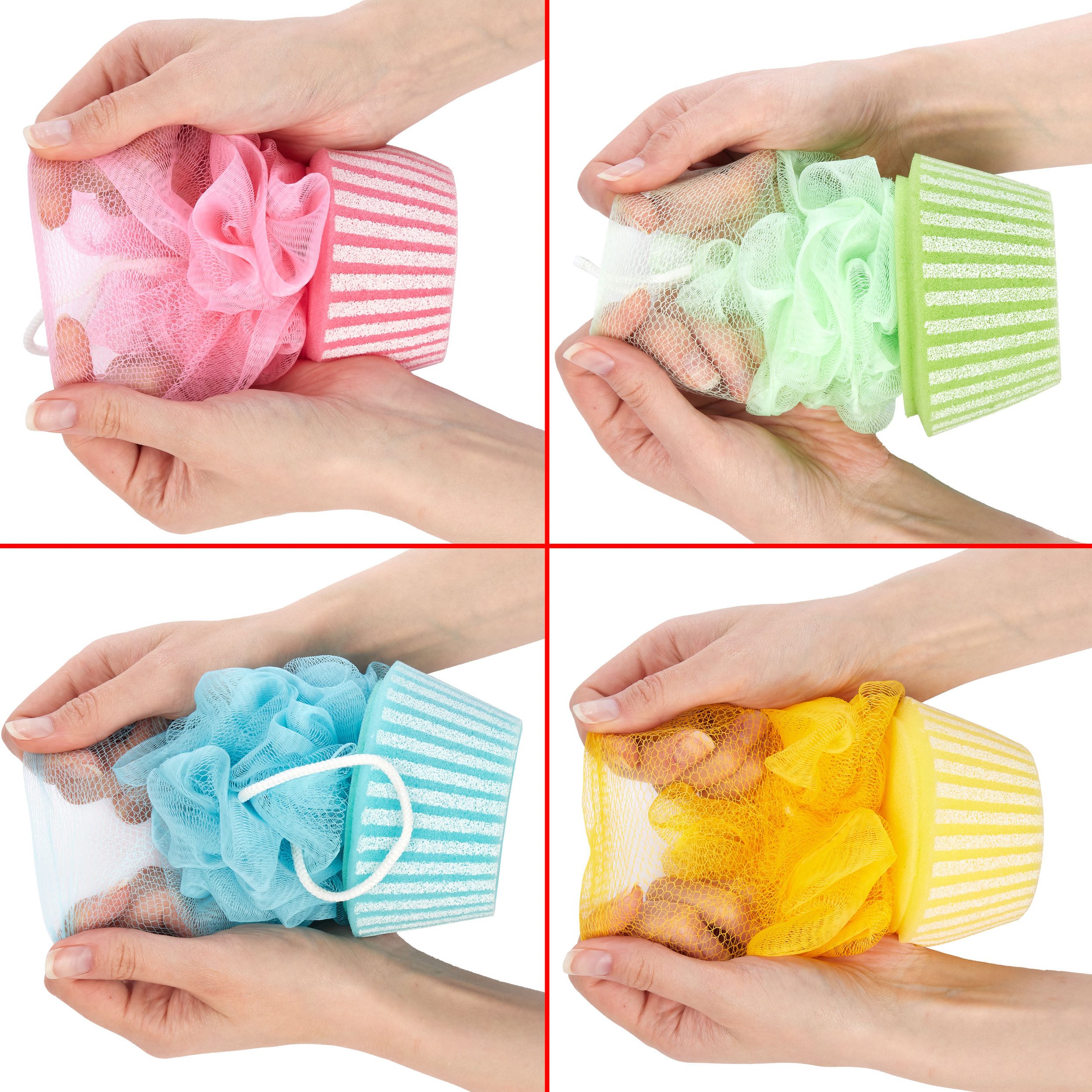 BRUBAKER Duschschwamm Badeschwamm-Set Cupcake - 40 g Badeknäuel - Bunt, 4-tlg., Körperreinigungsschwamm für Kinder und Erwachsene inkl. Geschenkbox