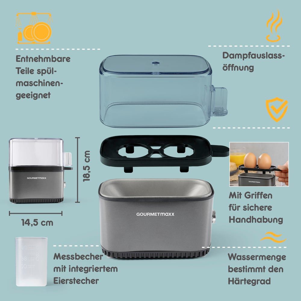 GOURMETmaxx Eierkocher Eierkocher Kompakt 2.0 250W anthrazit, 250 W, für perfekte Frühstückseier,  mit Messbecher & Ei-Pick
