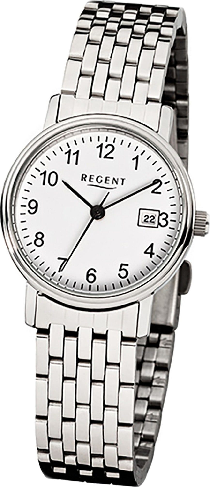 Regent Quarzuhr Regent Edelstahl Damen Uhr F-598 Quarzuhr, Damenuhr Edelstahlarmband silber, rundes Gehäuse, mittel (ca. 27mm)