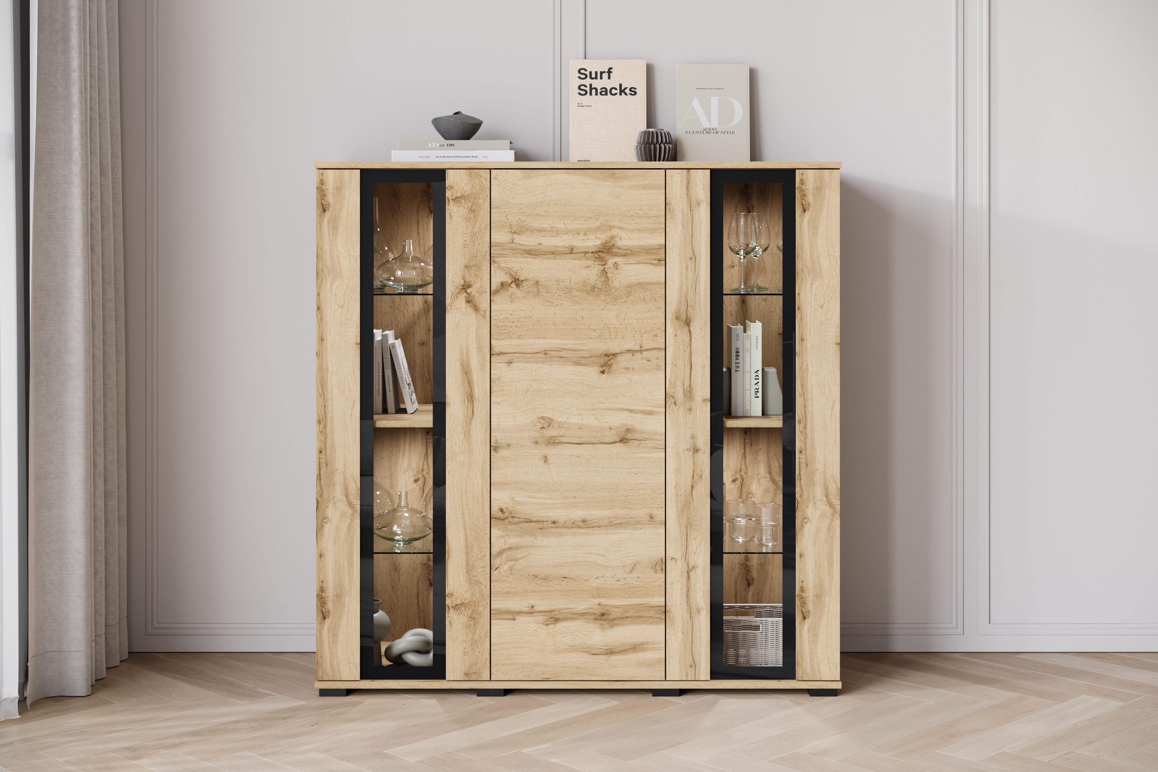 Home affaire Highboard Caro, modernes Design mit Glaseinsätzen, Breite 120 cm (1 St), grifflose Fronten mit Push-to-Open, höhenverstellbare Einlegeböden