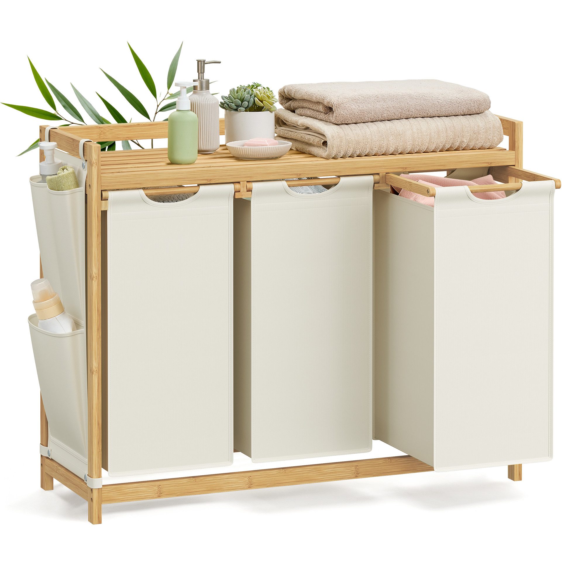 SONGMICS Wäschekorb, 2/3/4 Fächer, Bambus, Wäschesammler 100/150/200 L, Wäschesortierer
