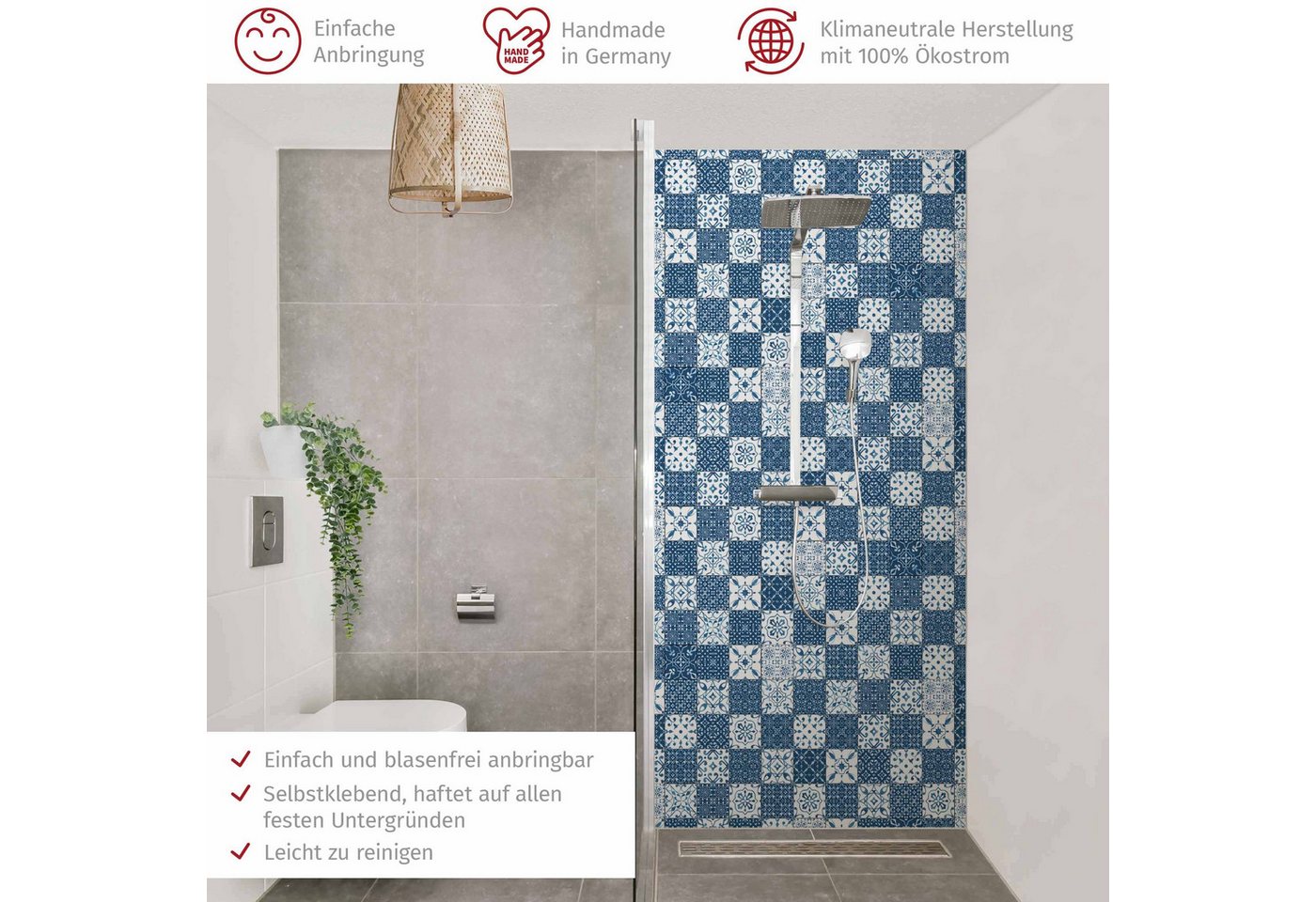 Thumbnail - Bilderdepot24 Badrückwand Fliesenoptik blau Duschrückwand ohne Bohren Dusche, (1-tlg., Hart-Folie Smart matt 0,35 mm), f...