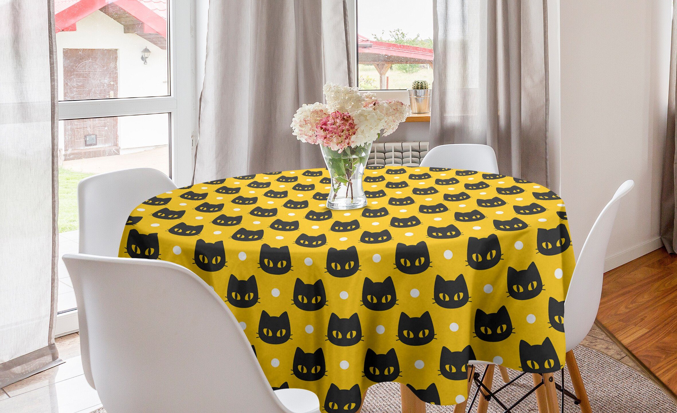 Abakuhaus Tischdecke Kreis Tischdecke Abdeckung für Esszimmer Küche Dekoration, Katzen Lustige dunkle Kätzchen und Punkte
