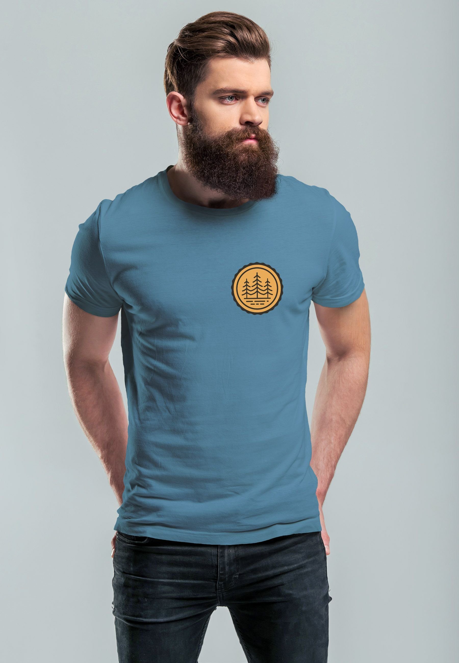 Neverless Print-Shirt Herren T-Shirt blue mit Print St Wald Fashion Naturliebhaber stone Logo Bäume Badge Outdoor