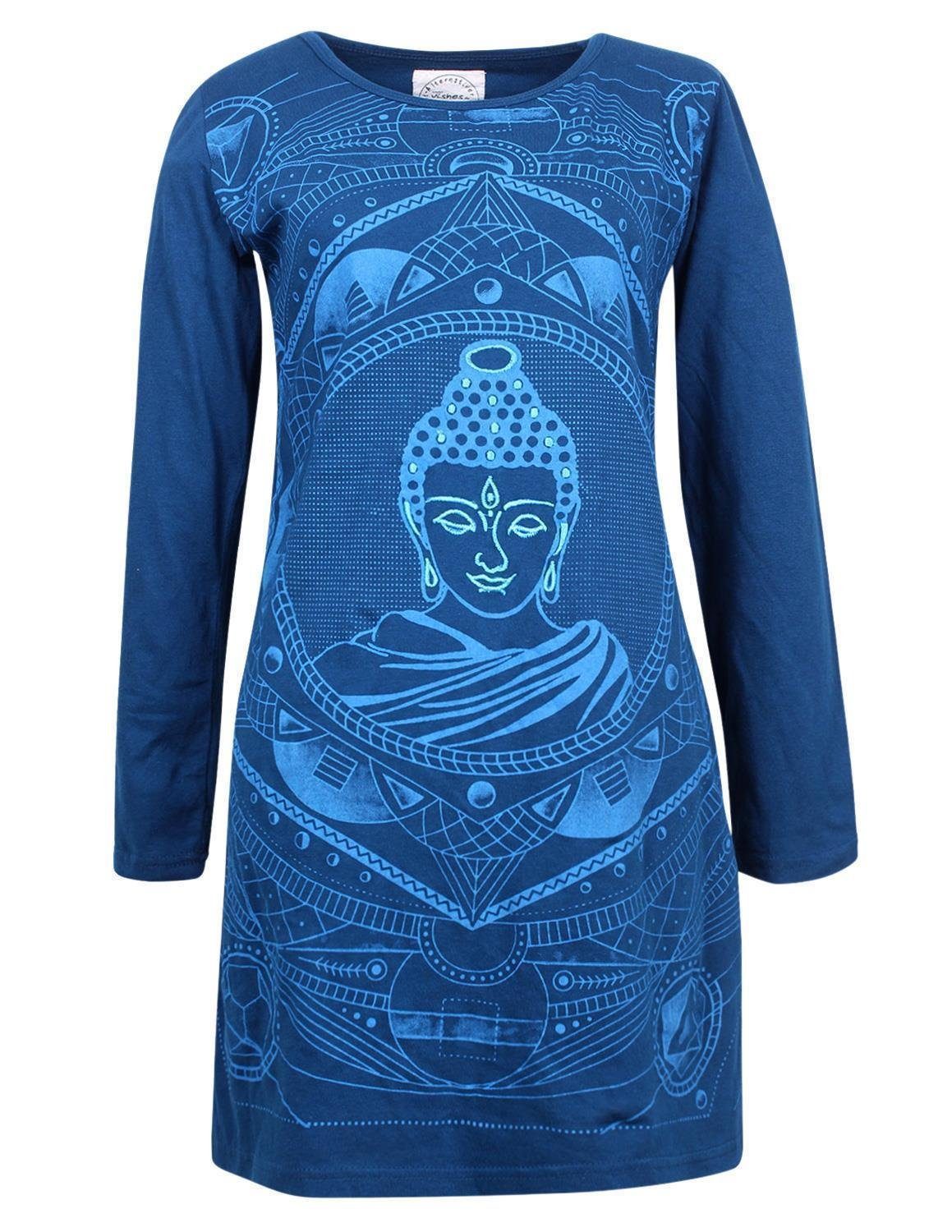 Vishes Midikleid Langarm Baumwollkleid Shirtkleid mit Buddha Druck Übergangskleid, Hippie Style türkis